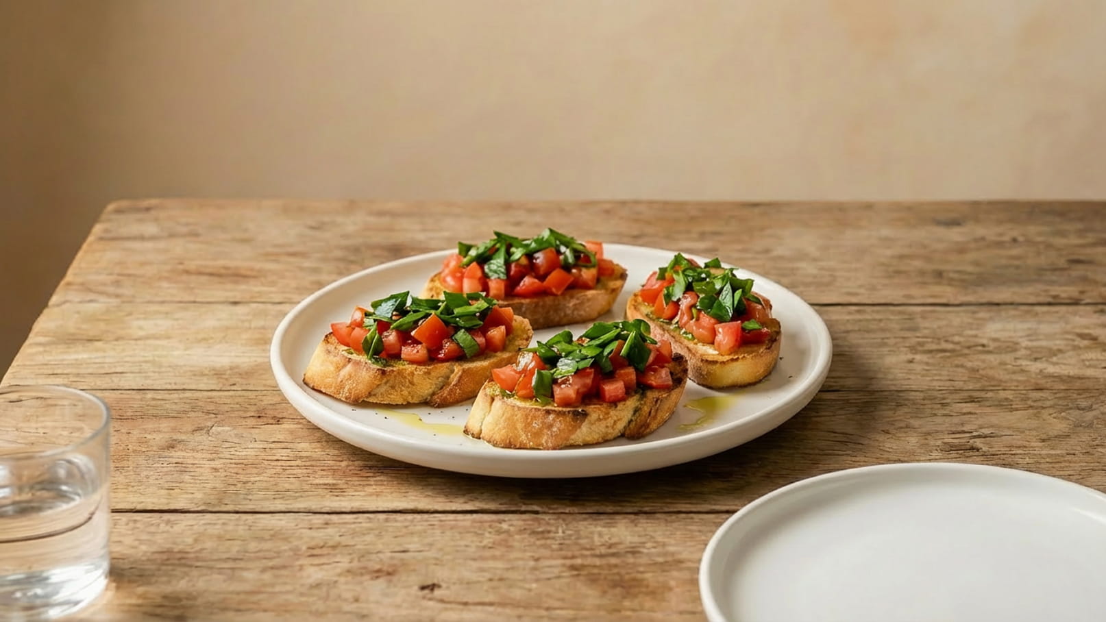 Ein Teller mit vier Bruschetta-Scheiben. Jede Scheibe ist mit gewürfelten Tomaten und frischen Kräutern, wahrscheinlich Basilikum oder Petersilie, belegt. Der Teller steht auf einem Holztisch. Ein Glas Wasser und ein leerer Teller sind daneben.