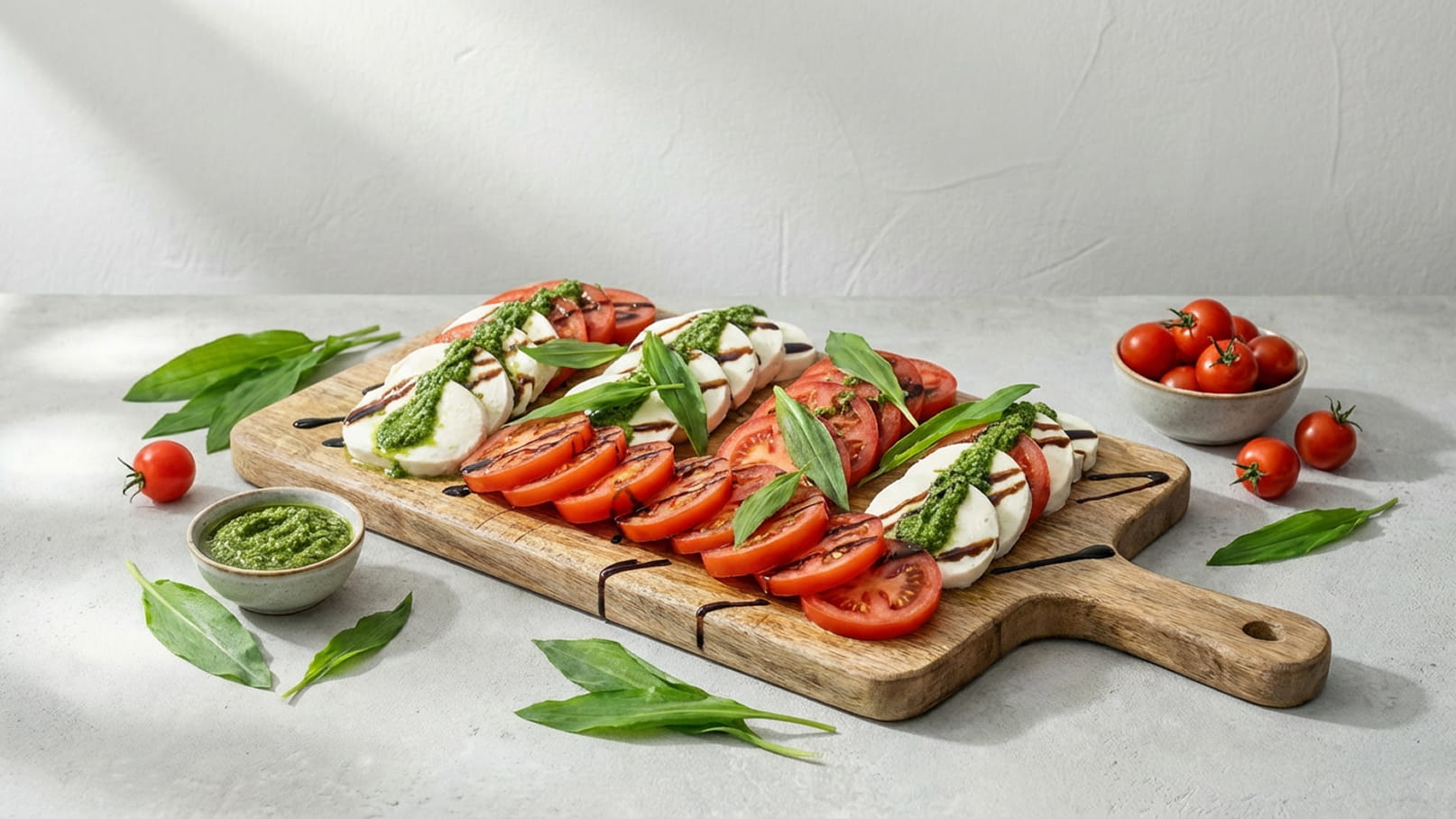 Auf einem Holzbrett liegen geschichtete Scheiben aus frischen Tomaten und Mozzarella. Darauf befinden sich Basilikumblätter und etwas Pesto in einer kleinen Schüssel daneben. Im Hintergrund sind mehrere kleine, rote Kirschtomaten zu sehen.