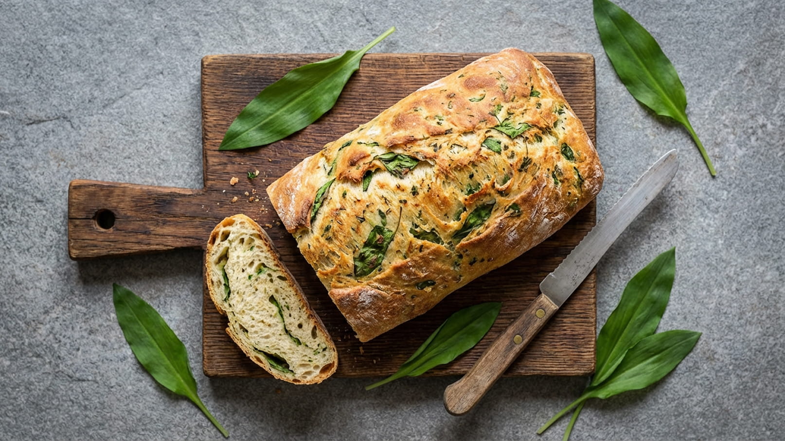 Ein frisch gebackenes Brot mit grünen Kräutern liegt auf einem Holzbrett. Ein Stück des Brotes ist abgeschnitten und zeigt die inneren Schichten. Um das Brot herum liegen einige Bärlauchblätter und ein Messer ist an der Seite platziert.