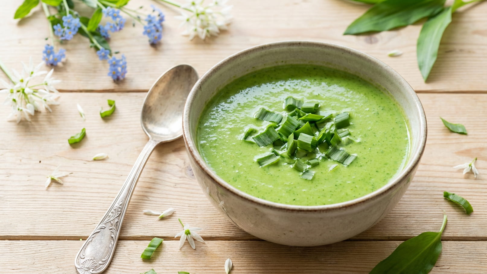 Eine Schüssel mit grüner Suppe, garniert mit gehacktem Schnittlauch, steht auf einem Holztisch. Daneben liegt ein Löffel und es sind einige frische Kräuter und kleine Blumen verstreut.