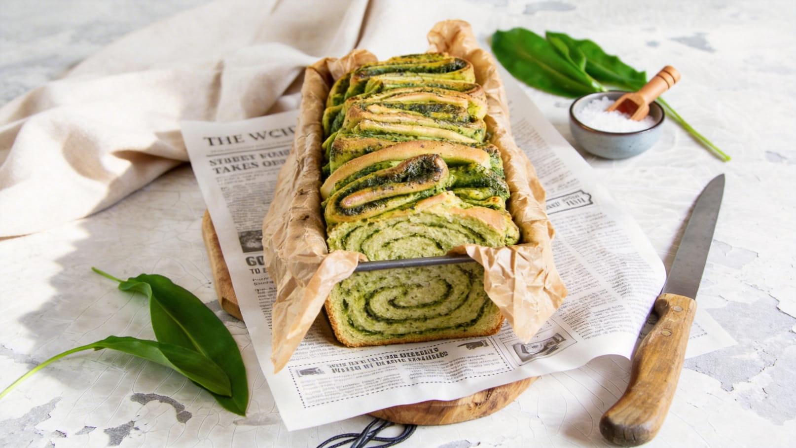 Ein frisch gebackener, grüner Zopf aus Hefeteig liegt auf einem Stück Papier. Der Zopf ist spiralförmig gefüllt und hat eine Kombination aus grünen Kräutern. Neben dem Brot befindet sich ein Messer, eine kleine Schüssel mit Salz und einige Blätter von Bärlauch.