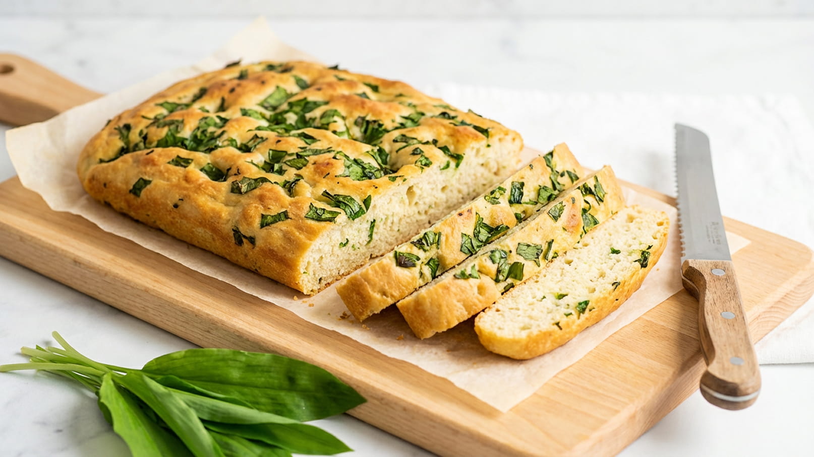 Ein frisch gebackenes Brot liegt auf einem Holzbrett, teilweise in Scheiben geschnitten. Das Brot ist mit frischen Kräutern garniert. Neben dem Brot liegt ein Messer und im Vordergrund sind einige Blätter von Bärlauch sichtbar.