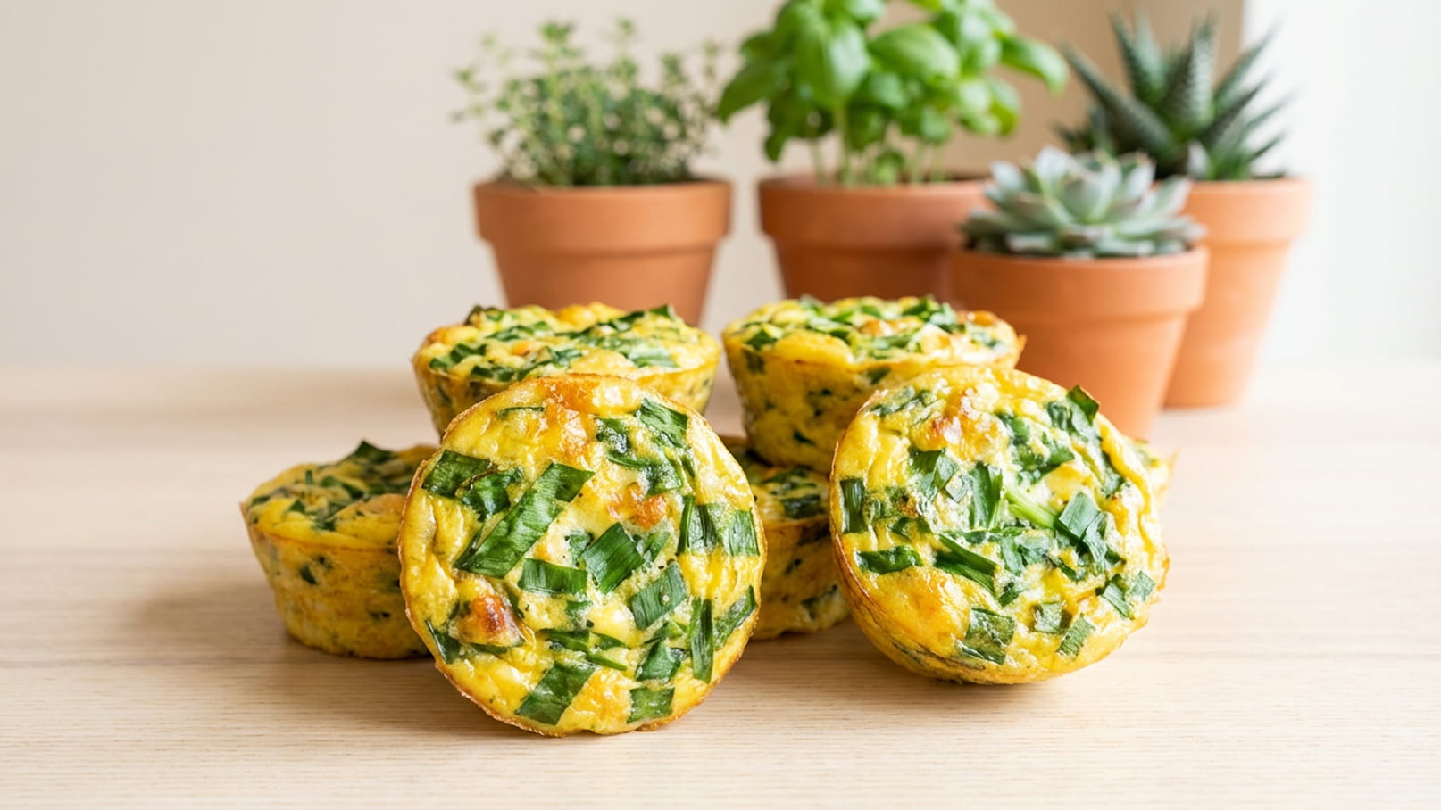 Eine Gruppe von sechs kleinen, runden Gemüse-Muffins mit Schnittlauch steht auf einem Holzbrett. Im Hintergrund sind mehrere Töpfe mit Kräutern und Sukkulenten zu sehen.