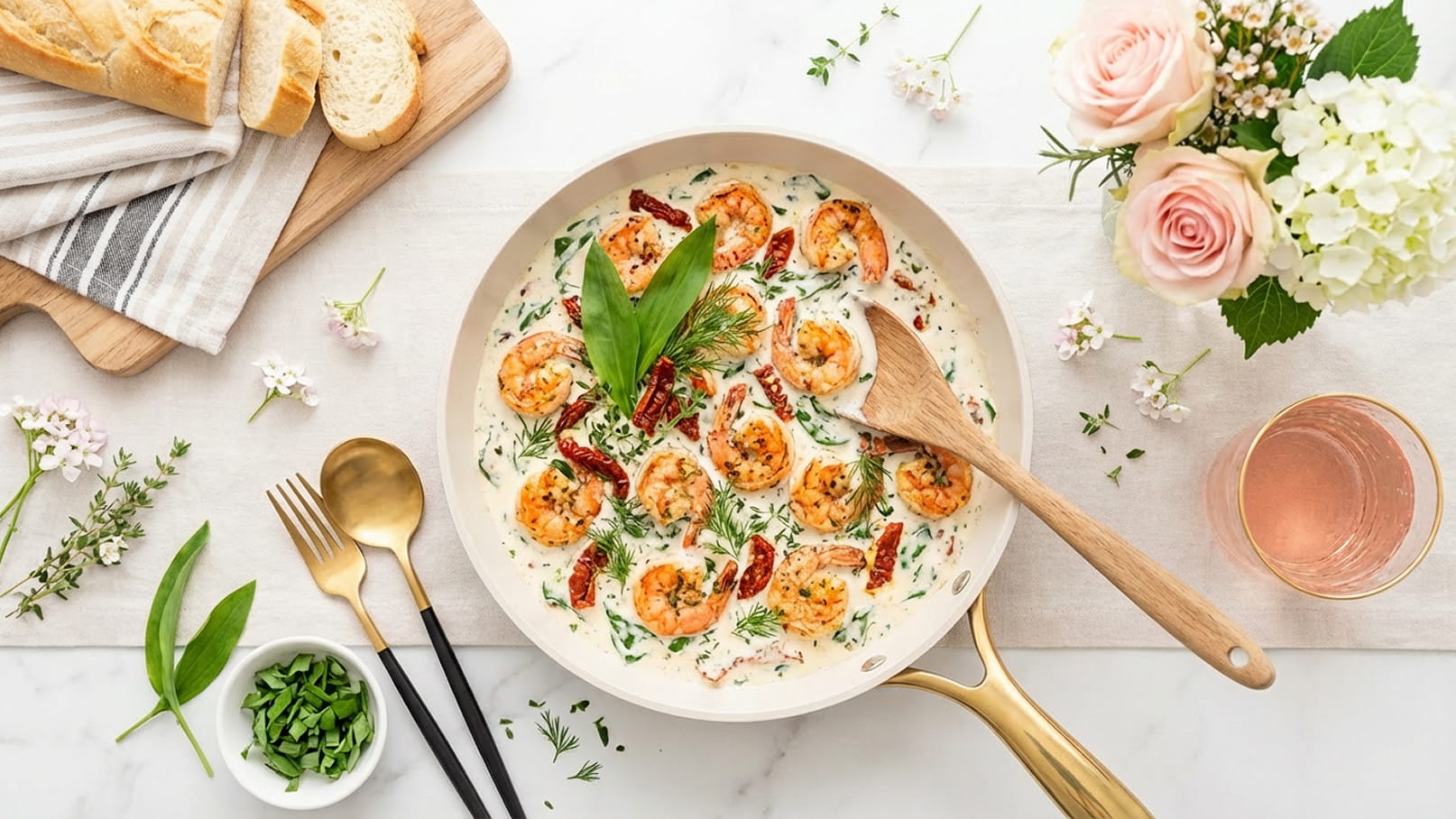 Eine Pfanne mit cremigen Garnelen in einer Sauce, dekoriert mit frischen Kräutern und getrockneten Tomaten. Angrenzend sind frisches Brot, eine kleine Schüssel mit gehacktem Grün und eine Rosé-Weinglas zu sehen. Blumen und Pflanzen runden das harmonische Setting ab.