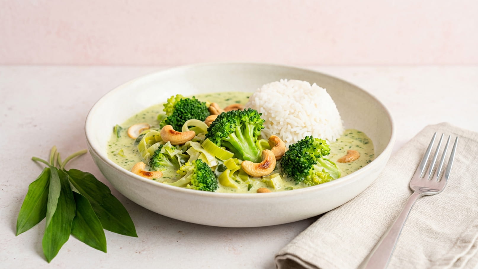 Ein Teller mit grünem Gemüse, darunter Brokkoli und Cashewkerne, in einer cremigen Sauce. Neben dem Gemüse befindet sich eine Portion Reis. Die Mahlzeit ist ansprechend angerichtet und auf einem hellen Hintergrund platziert.