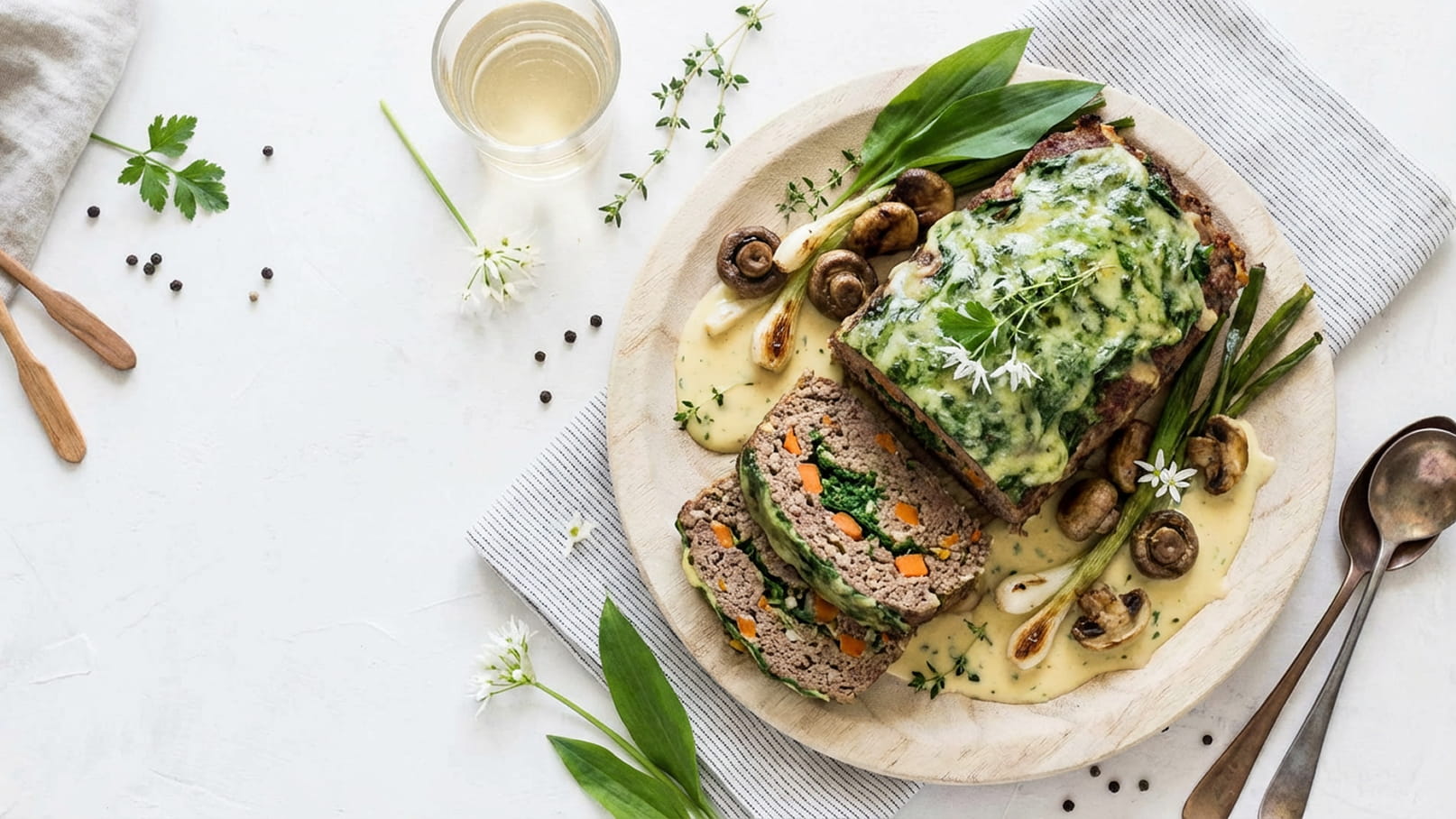 Ein üppiger Fleischlaib, garniert mit frischen Kräutern und einer cremigen Sauce, wird auf einem Holzbrett präsentiert. Neben dem Laib liegen Scheiben mit buntem Gemüse. Die Anrichtung wird von Pilzen und dekorativen Blüten umrahmt, während ein Glas Weißwein im Hintergrund zu sehen ist.