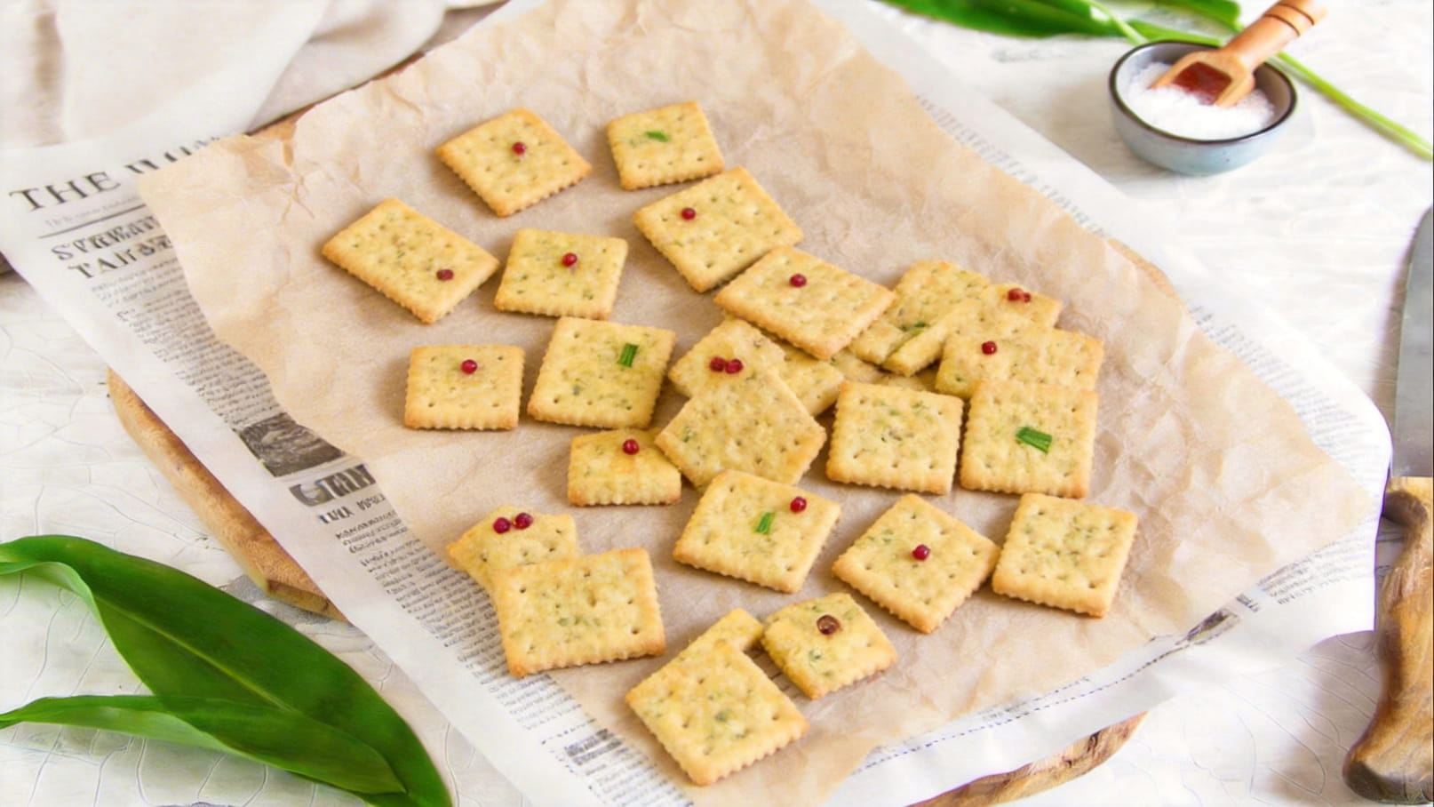 Auf dem Bild liegen mehrere würzige Cracker auf einem Stück Backpapier. Einige der Cracker sind mit kleinen roten und grünen Stückchen dekoriert. Im Hintergrund sind eine kleine Schüssel mit Salz und ein Holzbrett zu sehen.