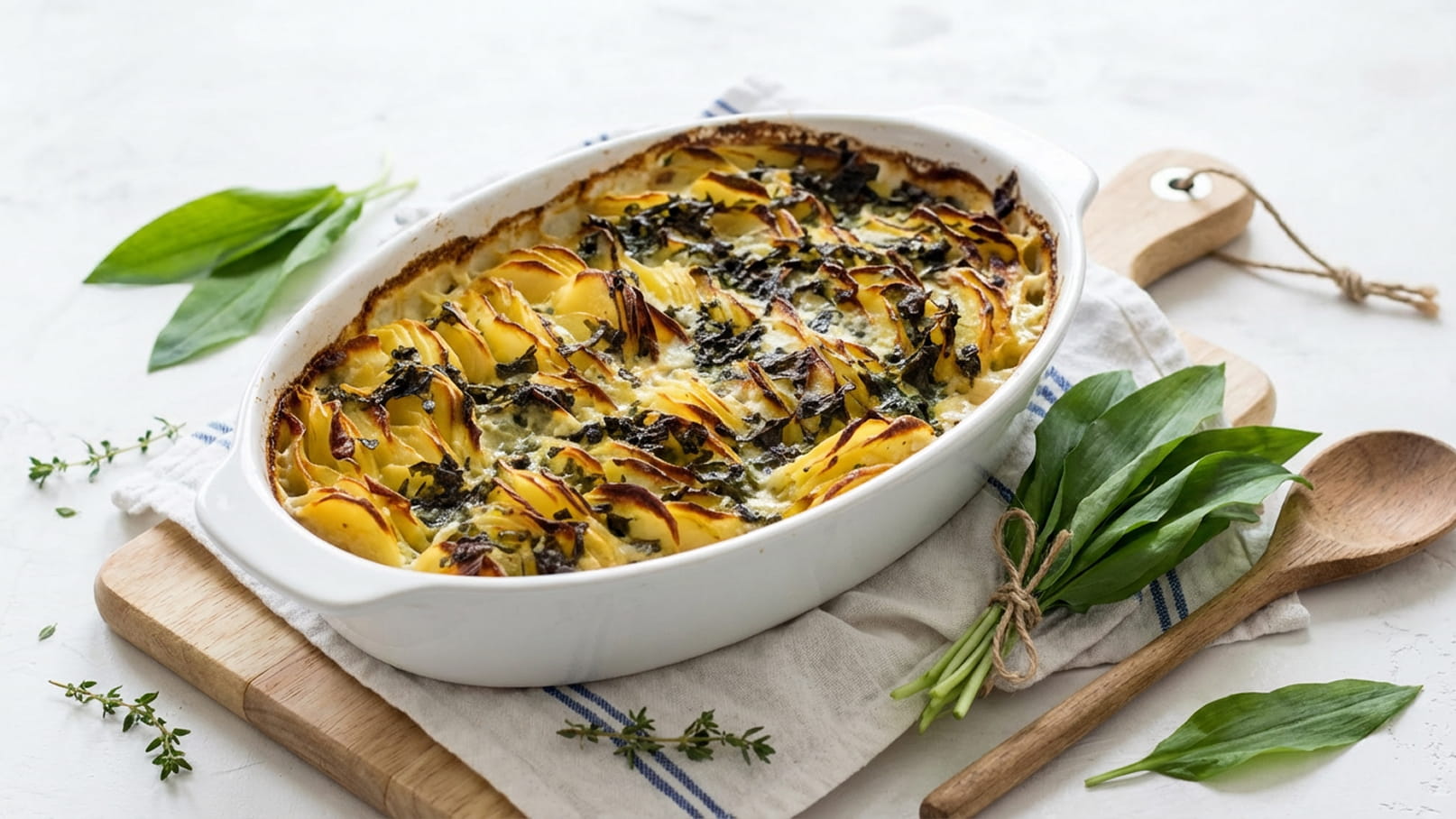 Ein Auflauf aus dünn geschnittenen Kartoffeln und grünen Blättern, goldbraun gebacken in einer weißen Form. Neben dem Auflauf liegen frische Kräuter auf einem Holzbrett bereit, darunter Bärlauch und Thymian.
