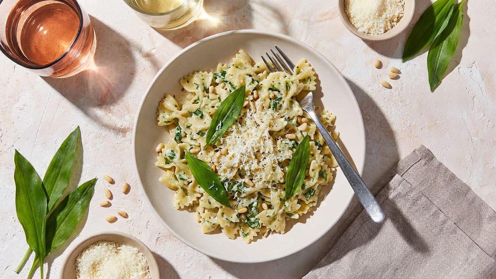 Ein Teller mit Bandnudeln, garniert mit frischem Bärlauch und geriebenem Parmesan. Um den Teller herum befinden sich Tannenzapfen, Pinienkerne und Gläser mit Wein. Der Tisch hat eine helle, elegante Anordnung.