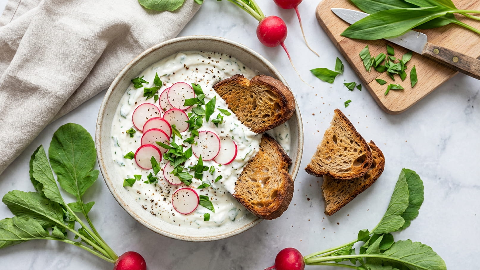Eine Schüssel mit cremigem Dip, garniert mit roten Radieschenscheiben und frischen Kräutern, steht im Mittelpunkt. Daneben liegen einige Scheiben geröstetes Brot. Rote Radieschen und grüne Kräuter sind um die Schüssel angeordnet, was das Gesamtbild frisch und einladend wirken lässt.