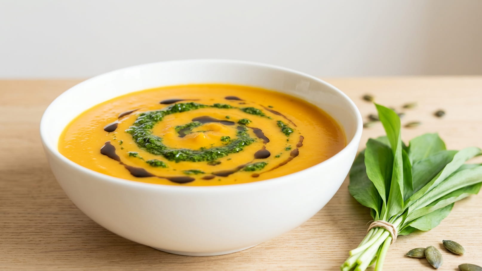 Eine weiße Schüssel mit orangefarbener Kürbissuppe, in der ein spiralförmiges Muster aus grünem Pesto und dunkler Soße zu sehen ist. Daneben liegen grüne Blätter und Kürbiskerne auf einem hölzernen Untergrund.