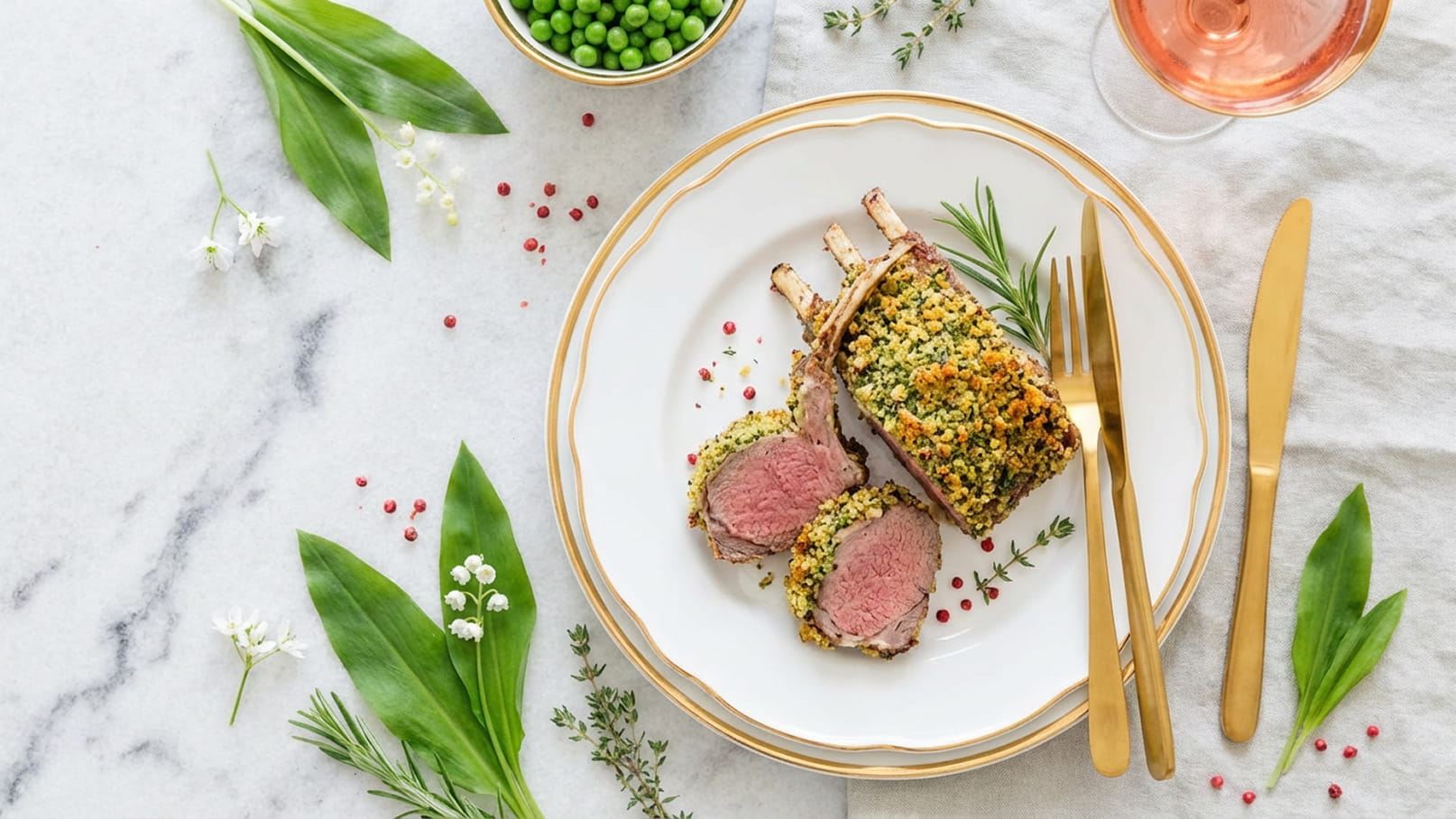Auf dem Teller liegt ein gekochtes Lammfilet mit knuspriger Kräuterkruste, ergänzt durch zwei Scheiben des Fleisches. Um den Teller sind grüne Erbsen, frische Kräuter und essbare Blumen angeordnet. Eine Gläser mit roséfarbenem Getränk steht daneben.
