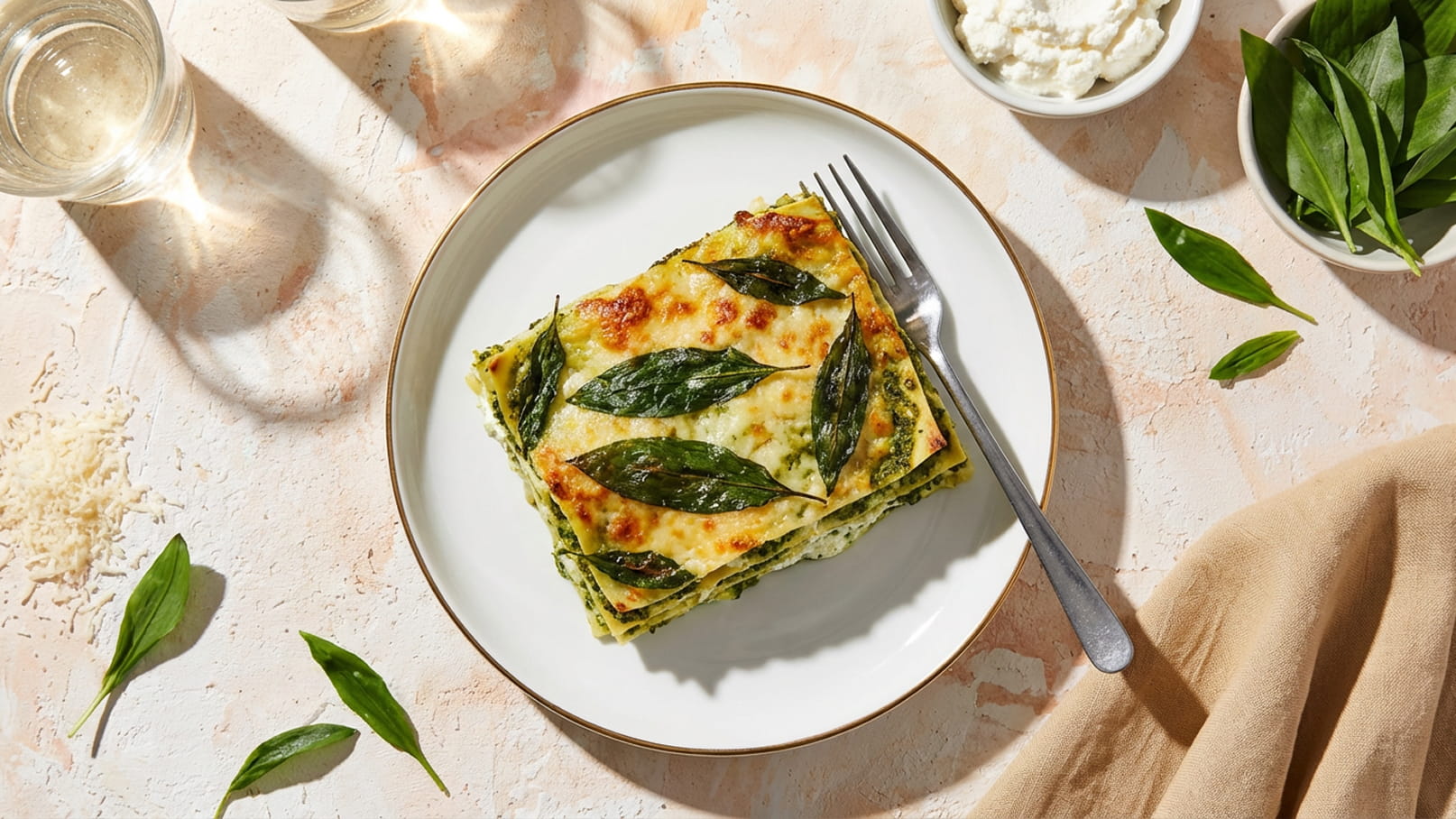 Ein Teller mit einer Stück Lasagne, bedeckt mit frischen Blättern, liegt auf einem hellen Tisch. Neben der Lasagne sind eine Gabel und Schalen mit Ricotta und weiteren Blättern. Der Hintergrund ist sanft und hell, mit Gläsern, die gefüllt sind.