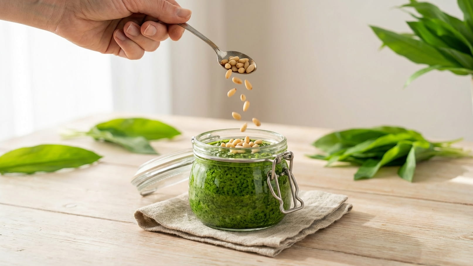 Eine Hand hält einen Löffel und streut Pinienkerne über ein Glas mit grünem Pesto. Das Glas steht auf einem Holztablett, umgeben von einigen grünen Blättern. Natürliche Beleuchtung schafft eine frische, einladende Atmosphäre.