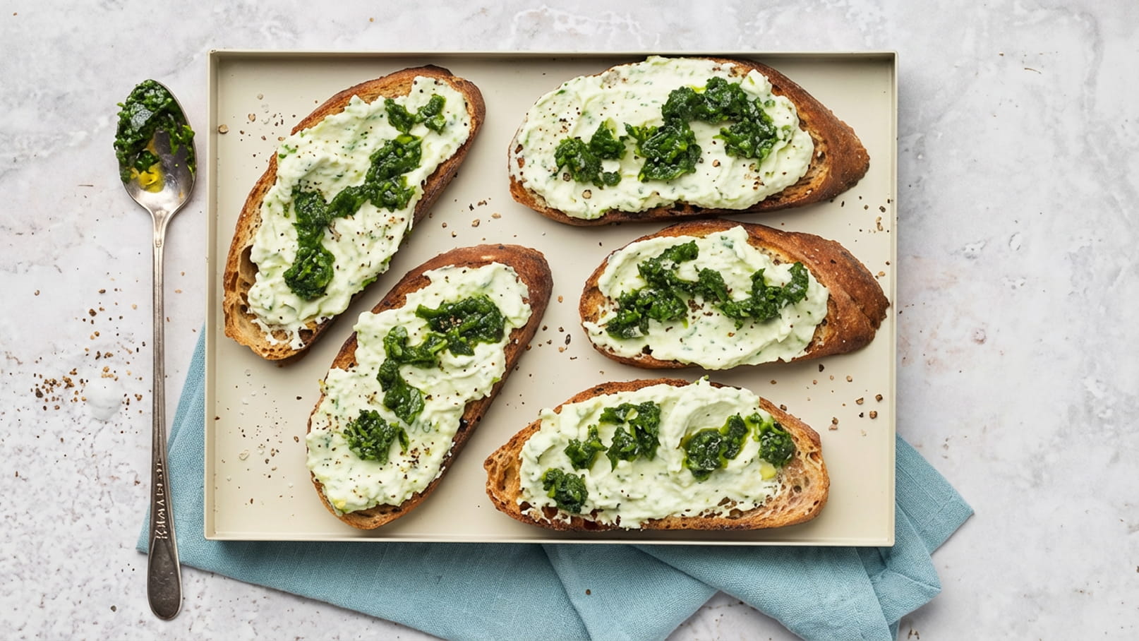 Ein Teller mit fünf gerösteten Brotscheiben, belegt mit einer cremigen, hellen Aufstrichmasse und grünen Kräutern oder Pesto. Neben dem Teller liegt ein Silberlöffel. Der Hintergrund ist neutral und die Präsentation ist ansprechend.