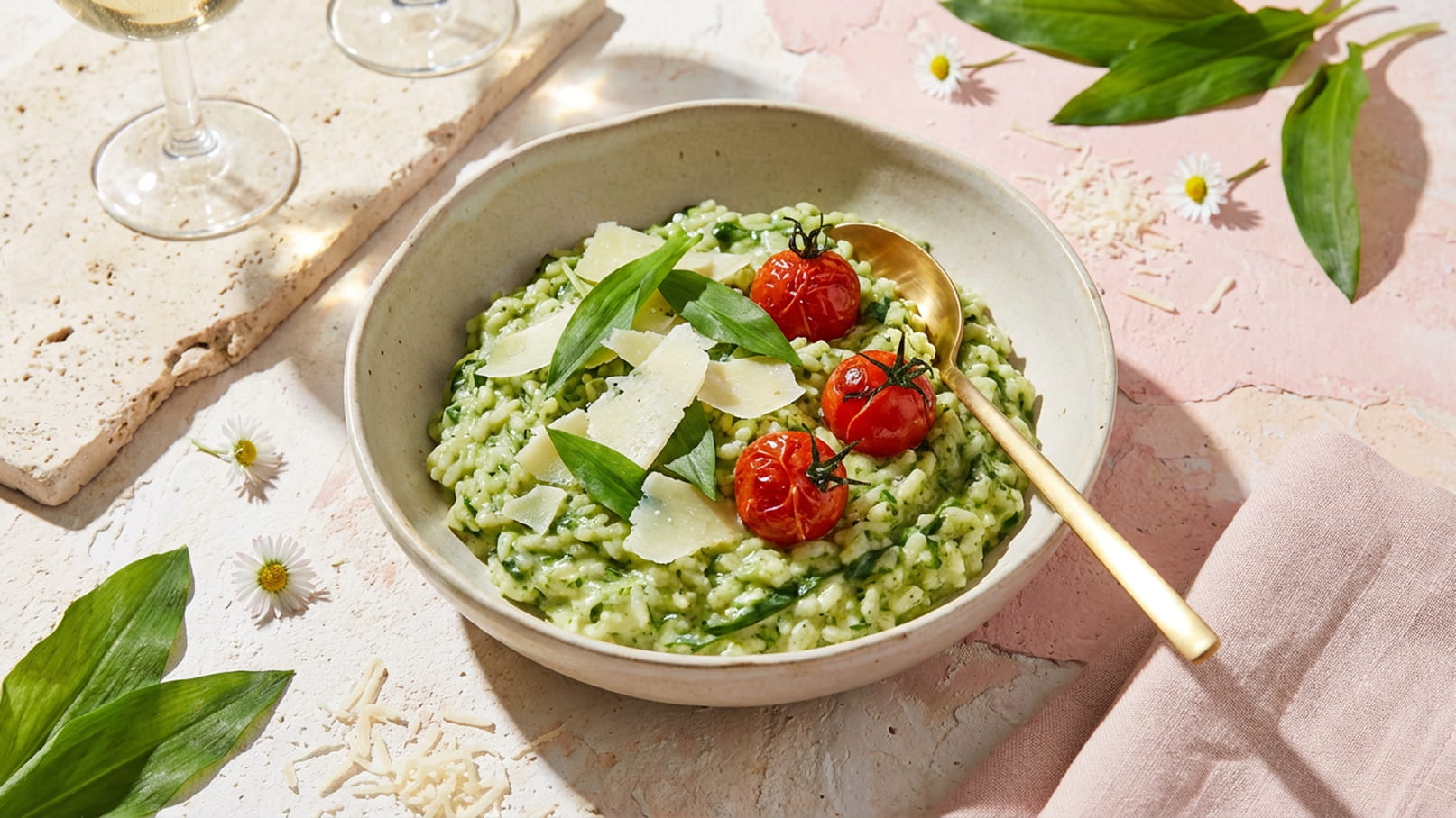 Ein Teller mit cremigem Bärlauch-Risotto, garniert mit Kirschtomaten und Parmesanspänen. Eine goldene Gabel liegt im Risotto. Im Hintergrund sind einige Weingläser und Frischpflanzen zu sehen. Der Untergrund ist in sanften Pastellfarben gehalten.