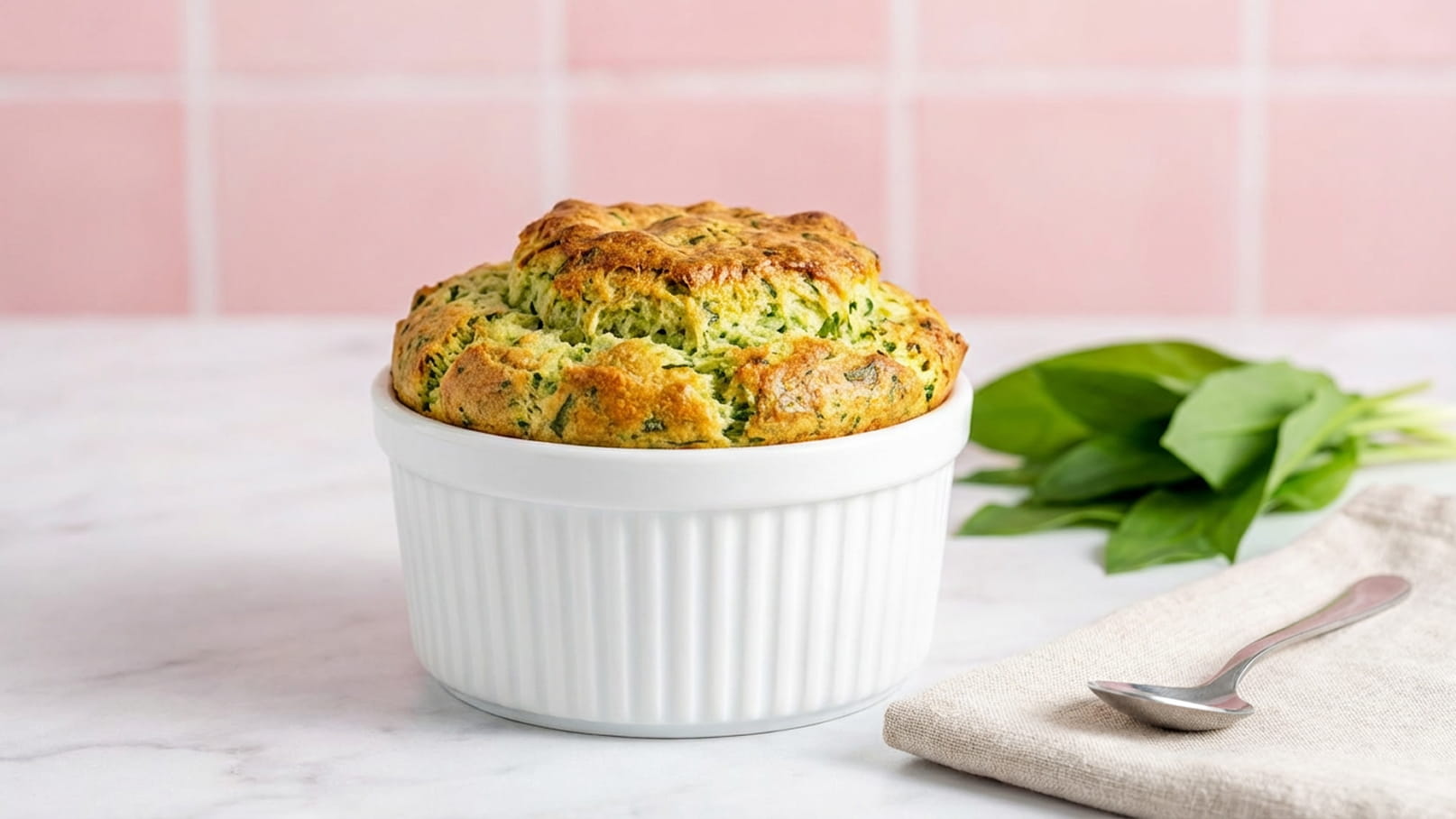 Ein frisch gebackenes, hoch aufragendes Soufflé in einer weißen Auflaufform steht auf einer Tischoberfläche. Es hat eine goldbraune, knusprige Oberfläche und ist mit frischem Bärlauch umgeben, der im Vordergrund liegt.