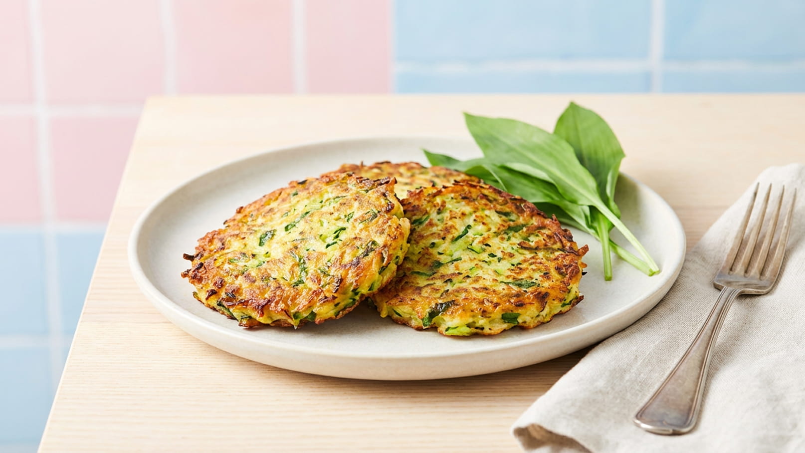 Auf dem Teller befinden sich zwei goldbraun gebratene Zucchini-Puffer, garniert mit frischen Bärlauchblättern. Der Hintergrund zeigt eine sanfte, pastellfarbene Wand.
