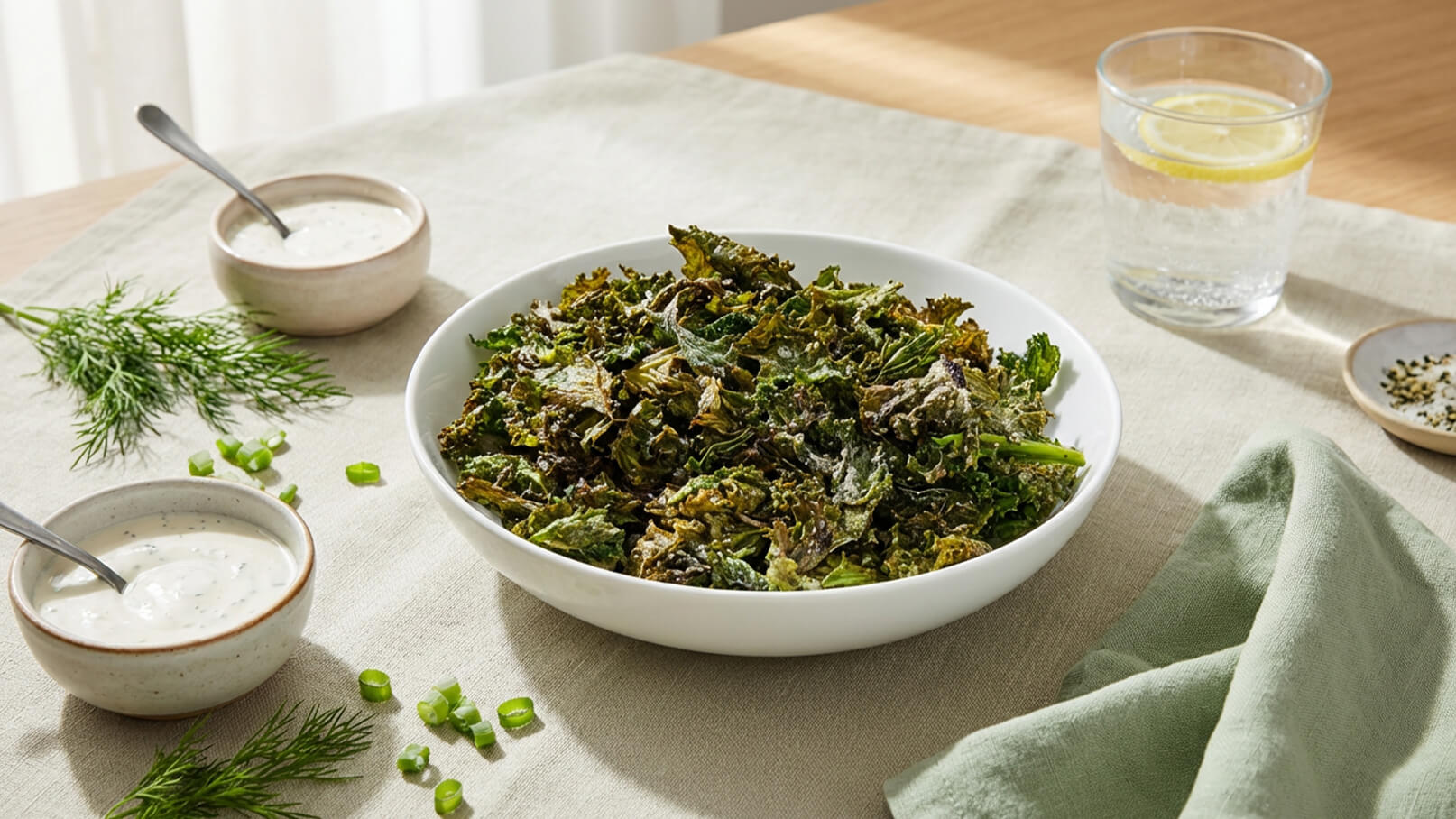 Eine große Schüssel mit knusprigem Grünkohl steht auf einem Tisch. Daneben sind zwei kleine Schalen mit einer Soße und Frischkräutern sowie geschnittenen Frühlingszwiebeln. Im Hintergrund ist ein Glas Wasser mit einer Zitronenscheibe sichtbar.
