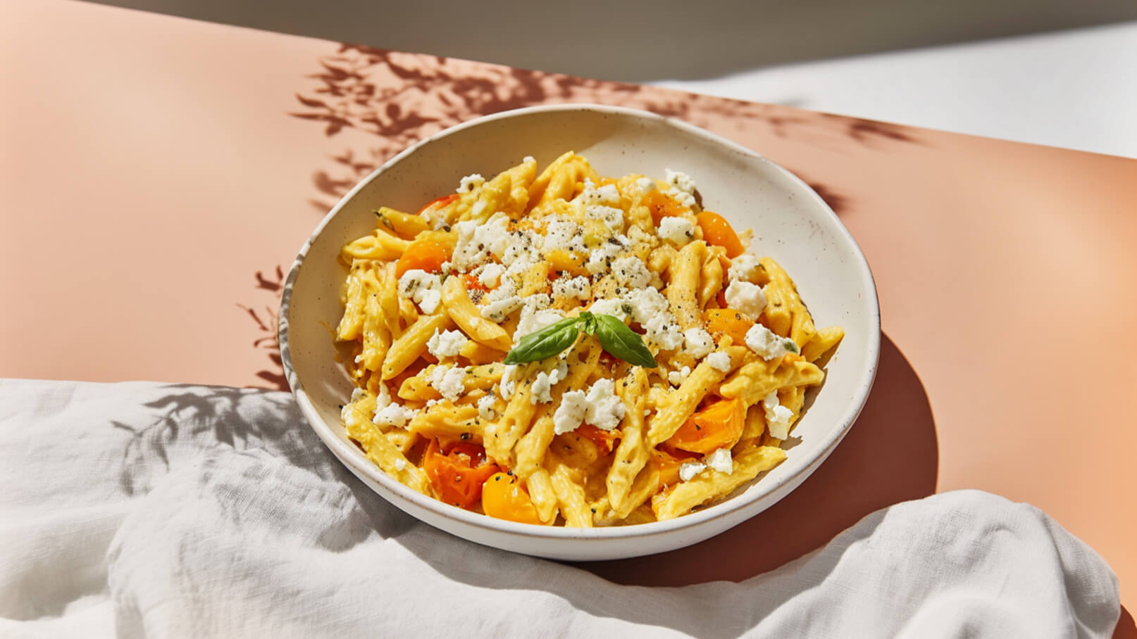 Ein Teller mit Pasta ist in der Mitte des Bildes zu sehen. Die Pasta ist mit kleinen, gelben Tomaten und zerbröckeltem Feta-Käse garniert. Ein frisches Basilikumblatt sorgt für einen dekorativen Akzent. Der Hintergrund ist in sanften, warmen Farbtönen gehalten.