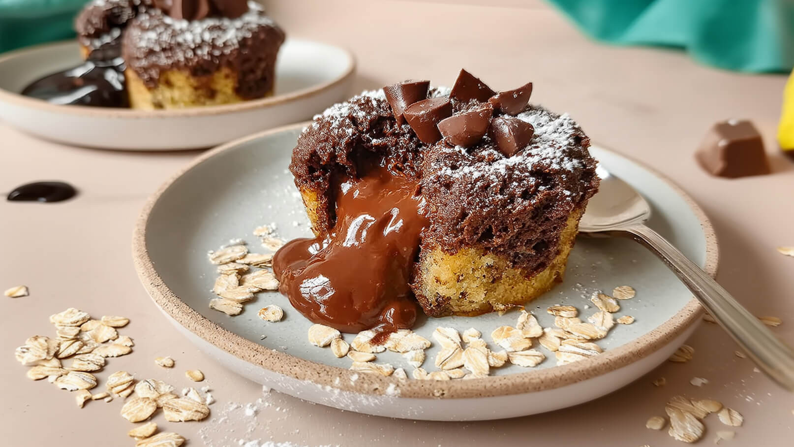 Ein Stück Schokoladenkuchen auf einem Teller, das von innen flüssige Schokolade zeigt. Der Kuchen ist mit Schokoladenstücken und Puderzucker dekoriert. Um den Teller liegt Haferflocken, und im Hintergrund steht ein weiterer Kuchen.