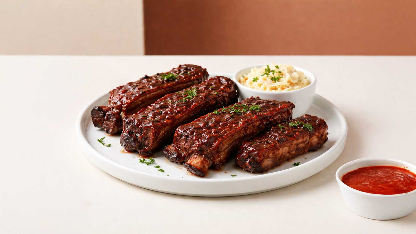 Auf dem Bild sind vier saftige Rinderrippchen auf einem weißen Teller zu sehen. Daneben befindet sich eine kleine Schüssel mit cremigem Kartoffelpüree und eine weitere Schüssel mit roter Sauce. Das Gericht ist mit frischen Kräutern garniert.