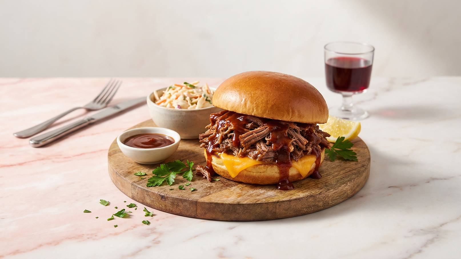 Ein frisch zubereitetes Sandwich auf einem Holzbrett, gefüllt mit zartem, geschmortem Fleisch und geschmolzenem Käse. Daneben befindet sich eine kleine Schüssel mit BBQ-Sauce und eine Portion Krautsalat. Im Hintergrund ein Glas roten Saft.