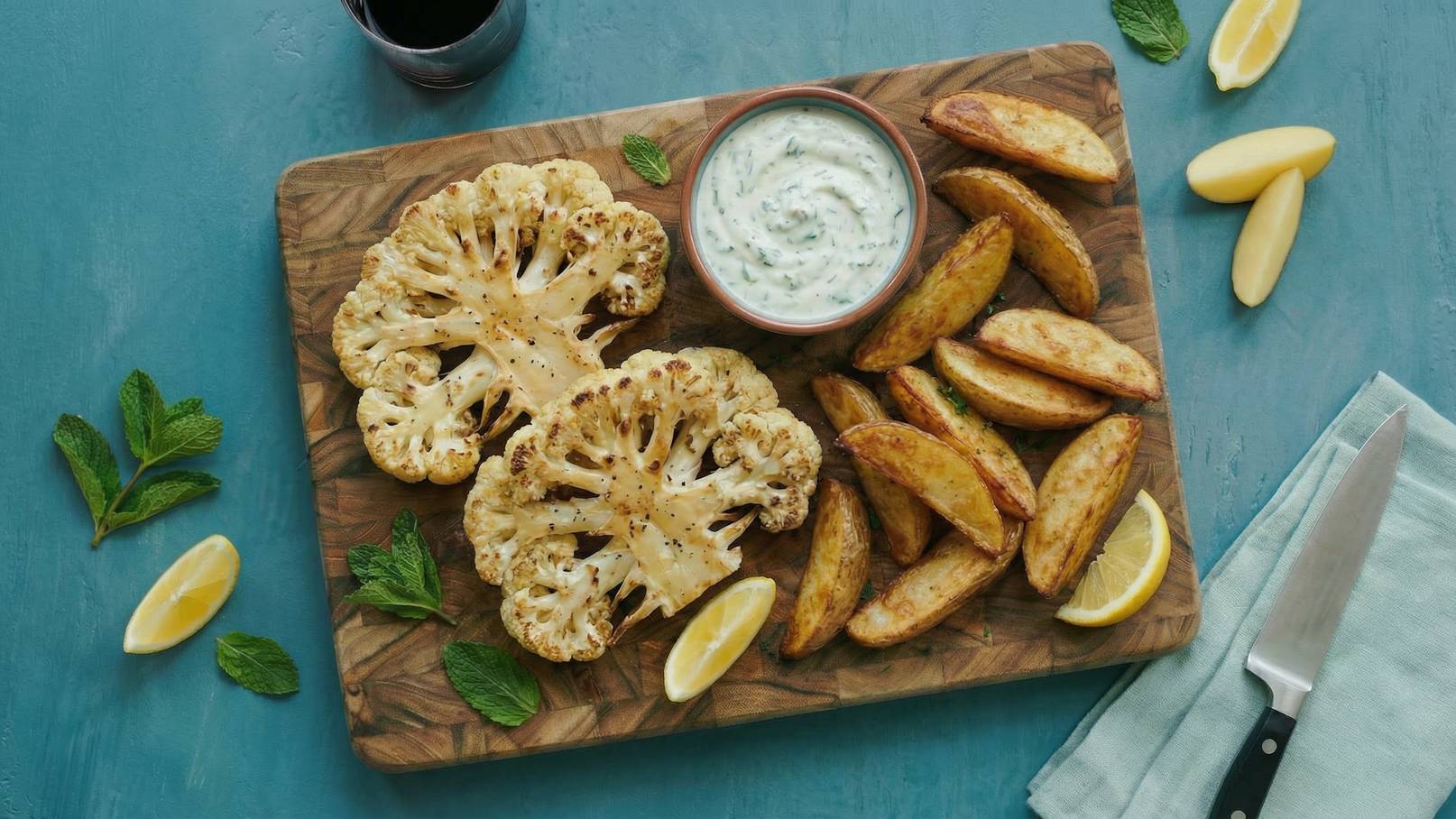 Auf einem Holzbrett liegen zwei gebratene Blumenkohlsteaks, dazu goldbraune Kartoffelspalten und eine Schüssel mit einer cremigen Sauce. Frische Minzblätter und Zitronenschnitze dekorieren den Teller.