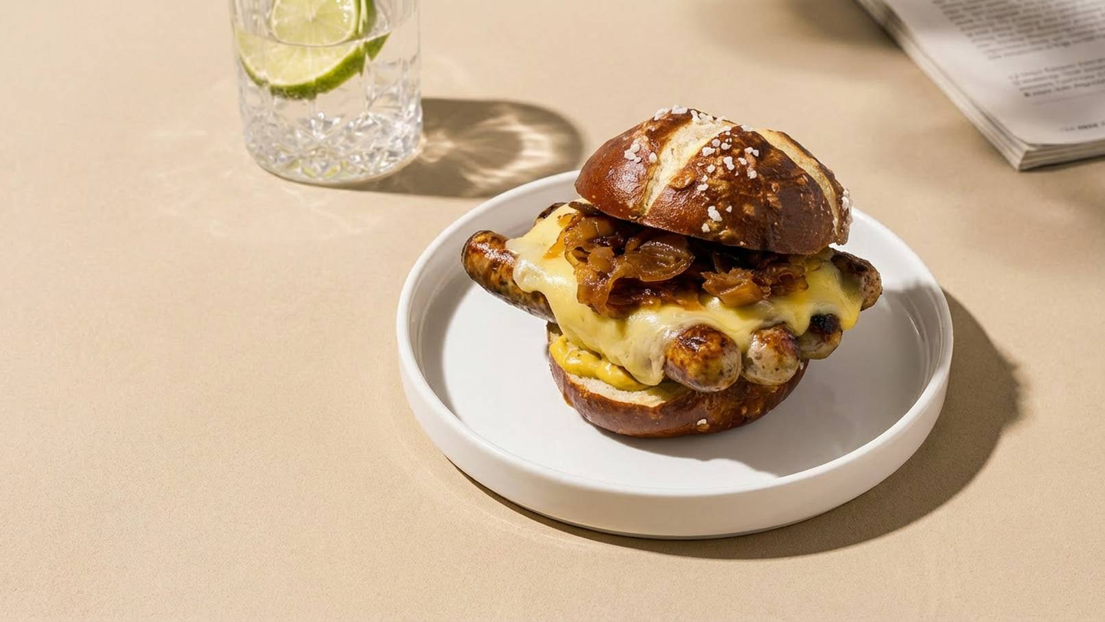 Ein Teller mit einem frisch gebackenen Brezelburger. Der Burger besteht aus einer Brezel, gefüllt mit Würstchen, geschmolzenem Käse und karamellisierten Zwiebeln. Im Hintergrund steht ein Glas mit Wasser und einer Limettenscheibe.