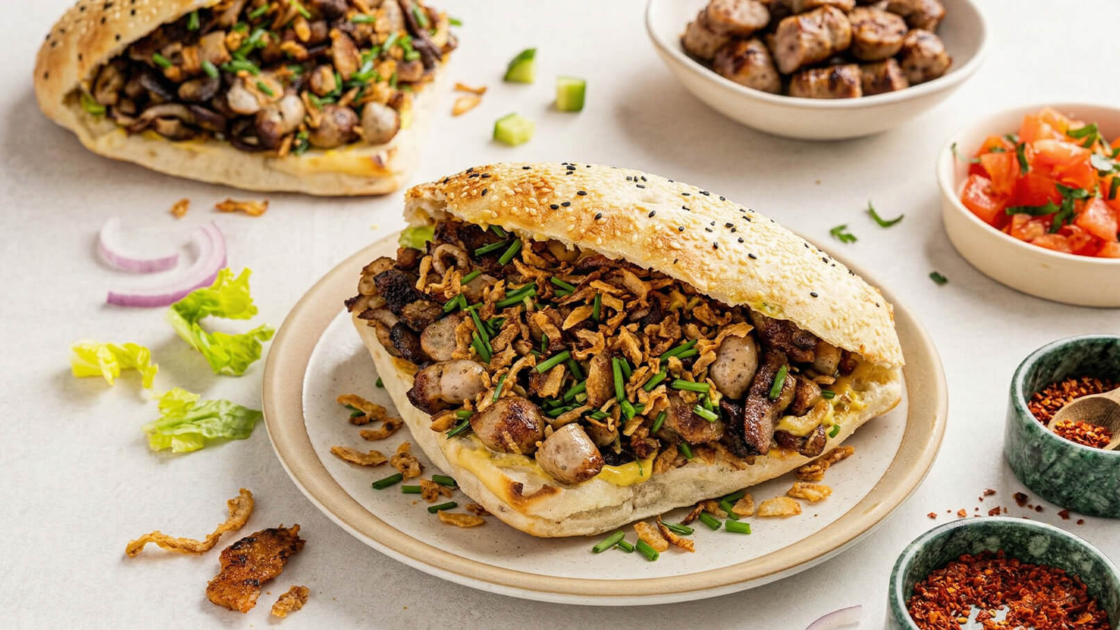 Ein Sandwich aus weichem Brötchen, gefüllt mit gegrilltem Fleisch, Gemüse und frittierten Zwiebeln. Daneben liegen Schalen mit weiteren Fleischstücken sowie eine Schüssel mit gewürfelten Tomaten und Gewürzen. Frische Kräuter verleihen dem Gericht Farbe und Geschmack.