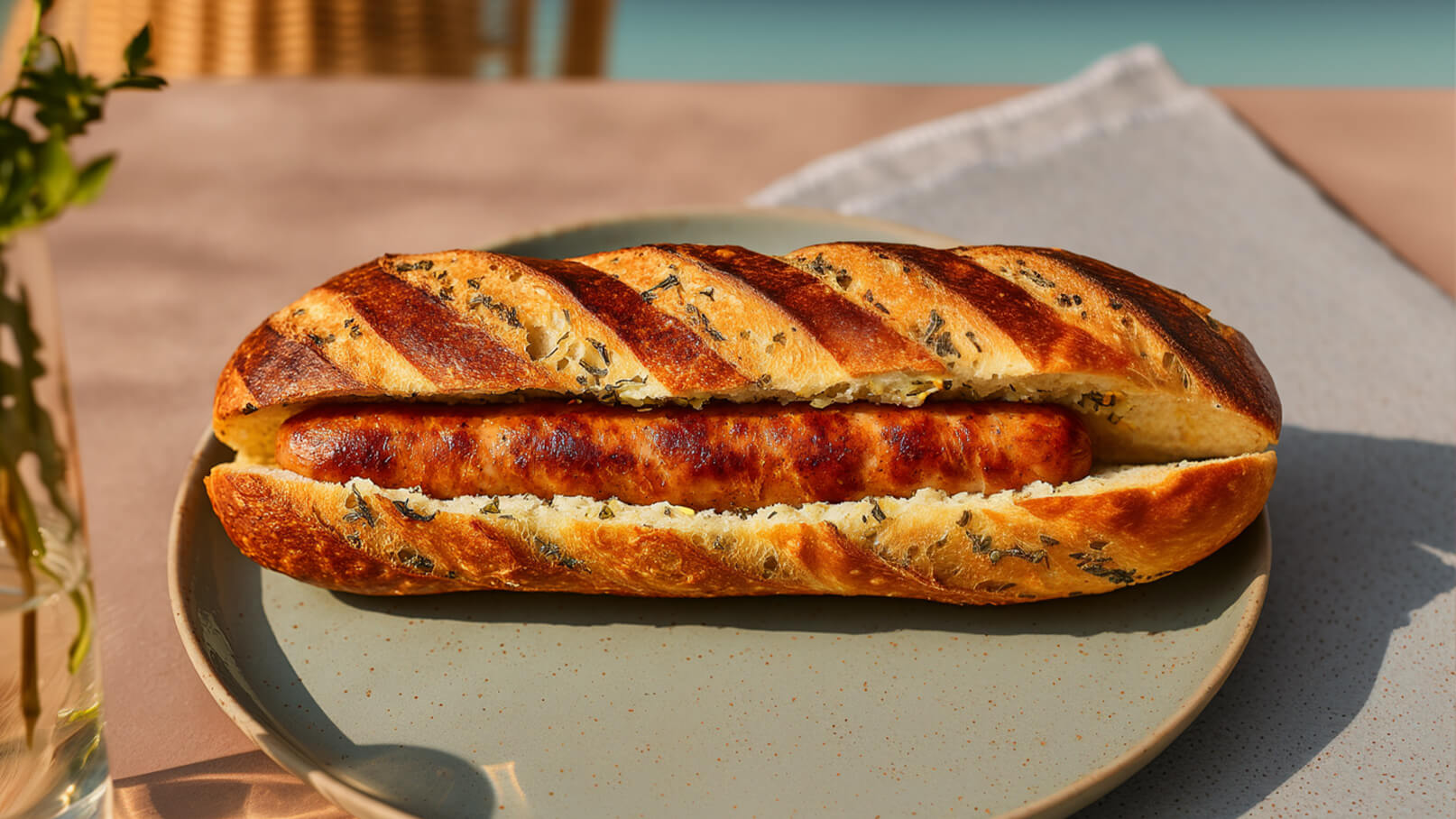 Ein frisch gebackenes Brötchen mit einer gegrillten Wurst darin. Das Brötchen ist aufgeschnitten und hat eine goldbraune, knusprige Kruste, die mit Kräutern verfeinert ist. Es liegt auf einem grauen Teller und vermittelt einen appetitlichen Eindruck.
