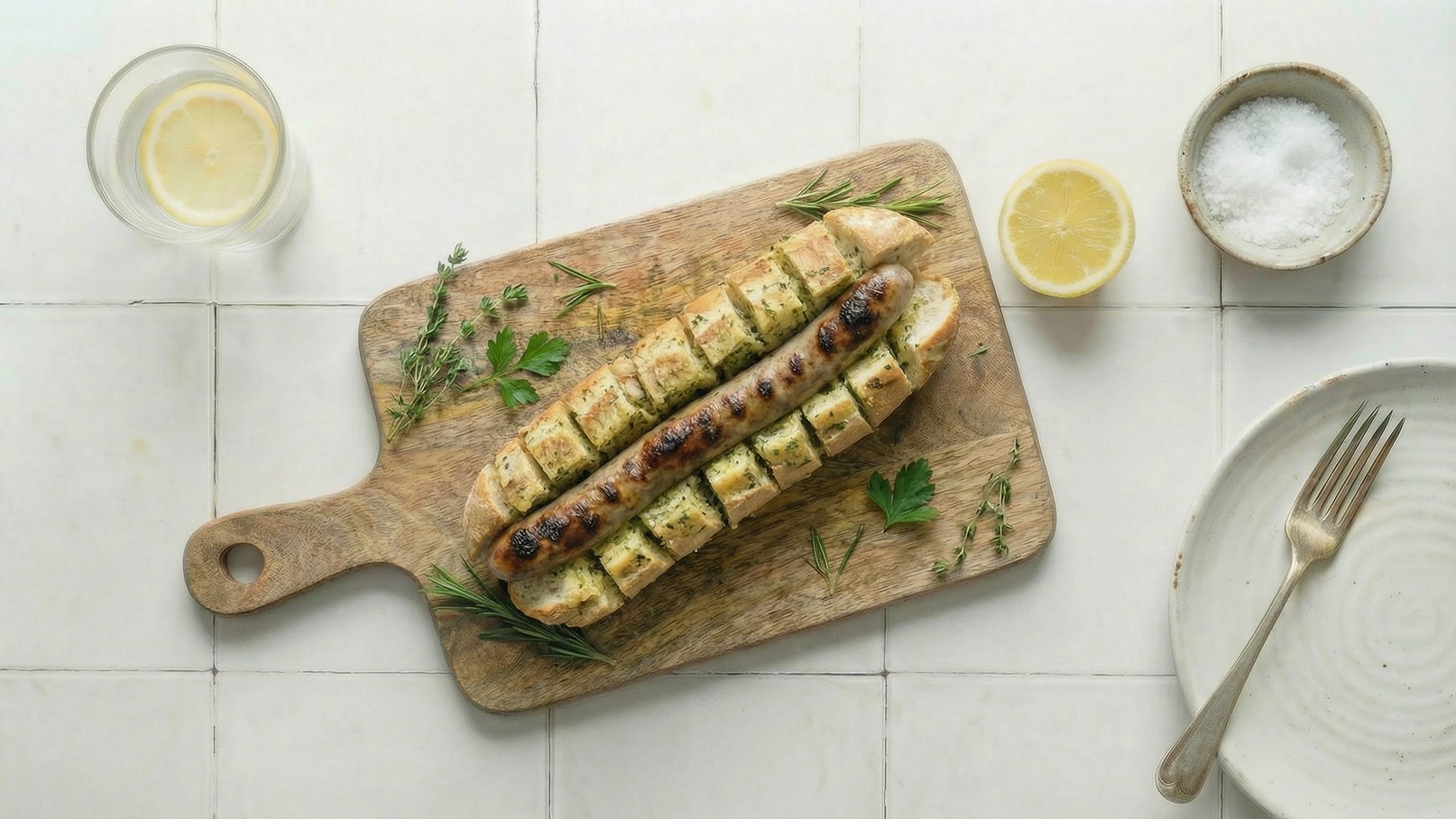 Auf einem Holzbrett liegt ein Stück Brot, das in Würfel geschnitten ist, mit einer gegrillten Wurst in der Mitte. Um das Brett sind frische Kräuter platziert. Im Hintergrund stehen ein Glas Wasser mit Zitronenscheibe und eine kleine Schüssel mit Salz.