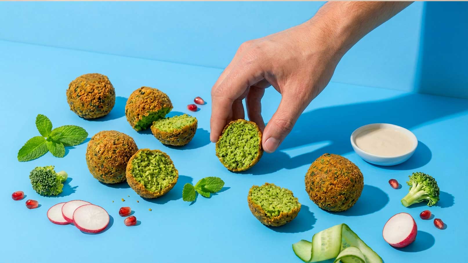 Eine Hand greift nach einem Kichererbsen-Bällchen, das auf einem blauen Hintergrund liegt. Um die Bällchen herum sind geschnittene Zutaten wie Radieschen, Gurken und Brokkoli sowie ein kleiner Dip in einer Schale angeordnet. Zwei Bällchen sind aufgeschnitten, revealing die grüne Füllung.