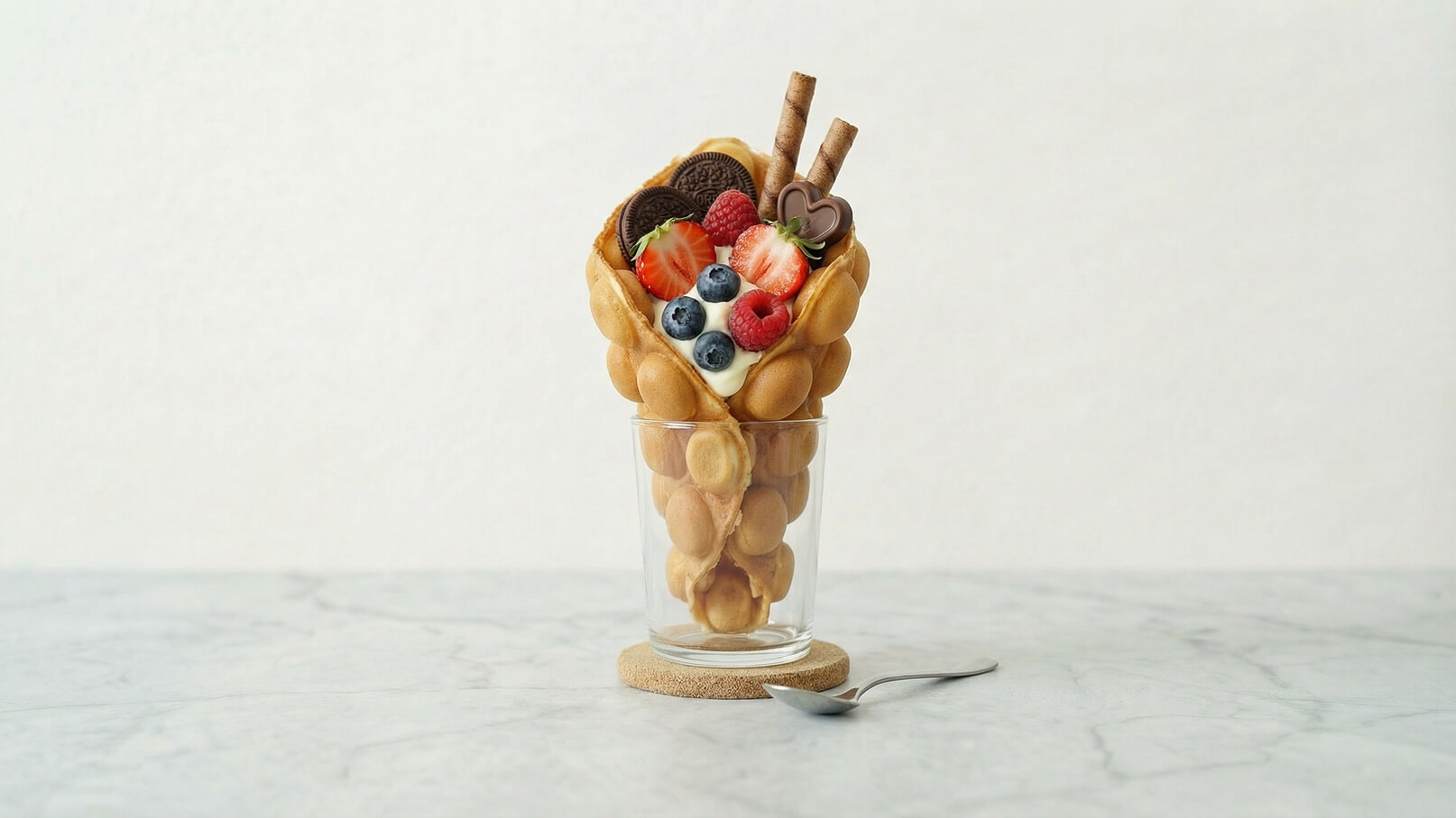 Ein Glas enthält eine Waffel gefüllt mit Sahne, frischen Beeren, Erdbeeren und Schokoladensorten. Zwei Waffelröllchen ragen heraus. Der Hintergrund ist hell und neutral, der Fokus liegt auf dem Dessert.