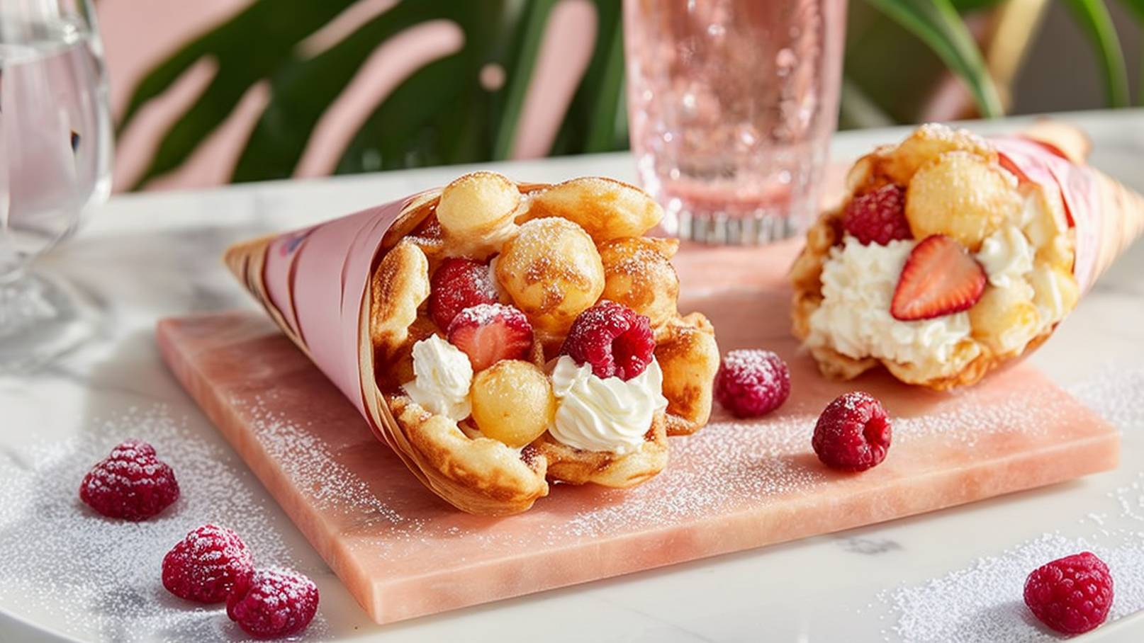 Zwei gefüllte Waffelhörnchen liegen auf einer marmorierten Oberfläche. Die Hörnchen sind mit frischen Früchten, wie Erdbeeren und Himbeeren, sowie Sahne gefüllt. Puderzucker ist darüber gestreut. Im Hintergrund ist ein Glas mit einem erfrischenden Getränk sichtbar.