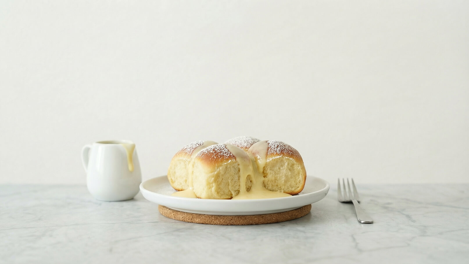 Ein Teller mit vier fluffigen Brötchen, die mit Puderzucker bestäubt sind. Eines der Brötchen ist aufgebrochen und zeigt eine cremige Füllung. Neben dem Teller steht eine kleine Sauciere mit einer ähnlichen Creme. Der Hintergrund ist hell und neutral.