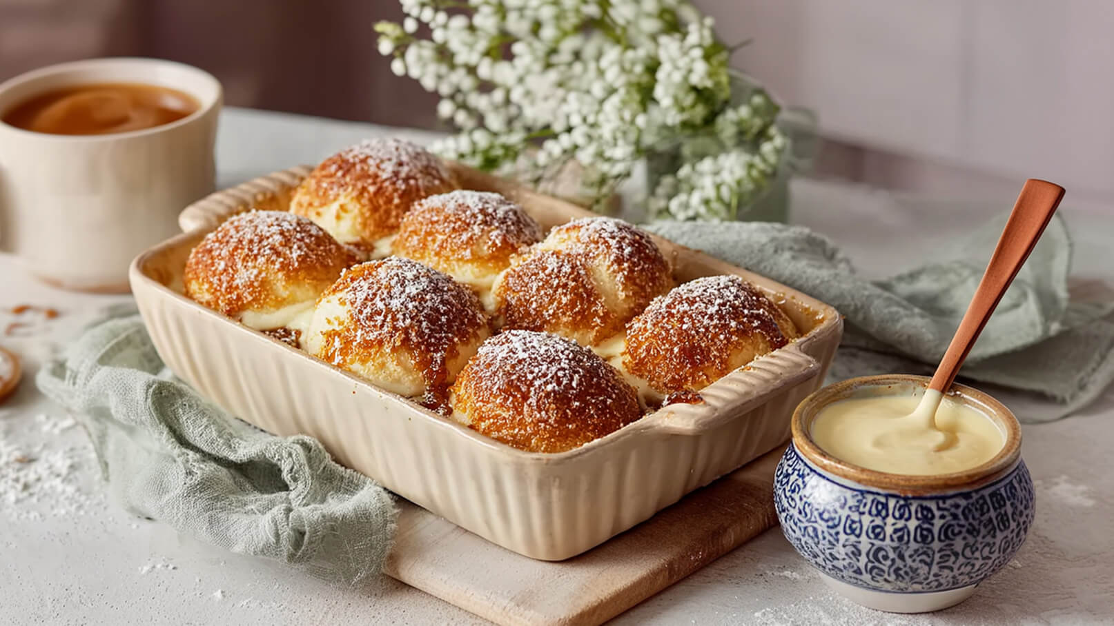 Ein Fokus auf frisch gebackene, goldbraune Brötchen in einer hellen Auflaufform, bestreut mit Puderzucker. Daneben steht eine kleine Schüssel mit einer cremigen Sauce und einem Holzlöffel. Im Hintergrund sind eine Tasse Tee und dekorative Blumen zu sehen.