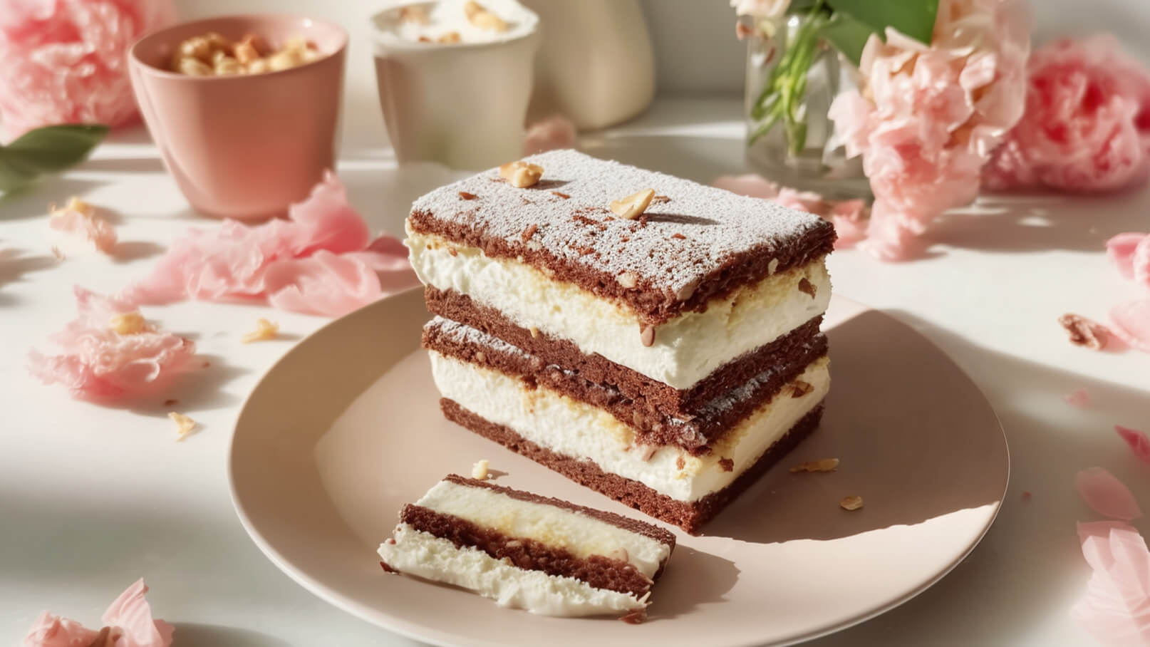 Ein Stück mehrschichtiger Schokoladenkuchen steht auf einem Teller. Der Kuchen besteht aus Schichten von Schokolade und Sahne, verziert mit Puderzucker. Um den Teller liegen rosa Blütenblätter und eine Schüssel mit Snacks im Hintergrund.
