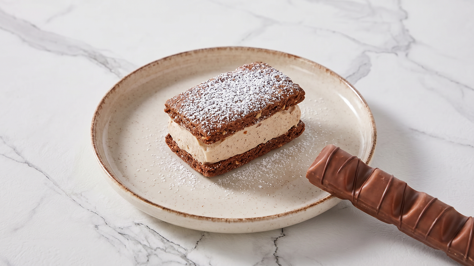 Auf einem Teller liegt ein rechteckiges Dessert mit einer Schicht Eiskrem zwischen zwei Keksböden, bestäubt mit Puderzucker. Neben dem Teller liegt ein Schokoladenriegel.