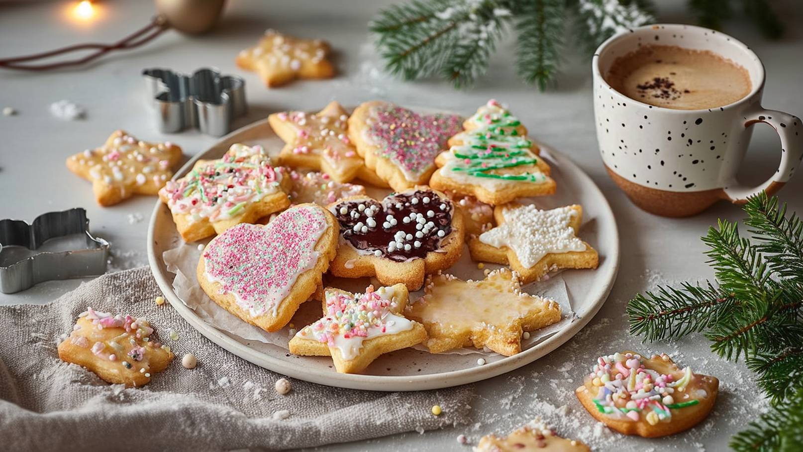 Ein Teller mit bunten, dekorierten Weihnachtsplätzchen in verschiedenen Formen wie Herzen und Sterne. Dazu eine Tasse heißer Schokolade. Umgeben von festlichem Dekor und kleinen Ausstechformen für Plätzchen.