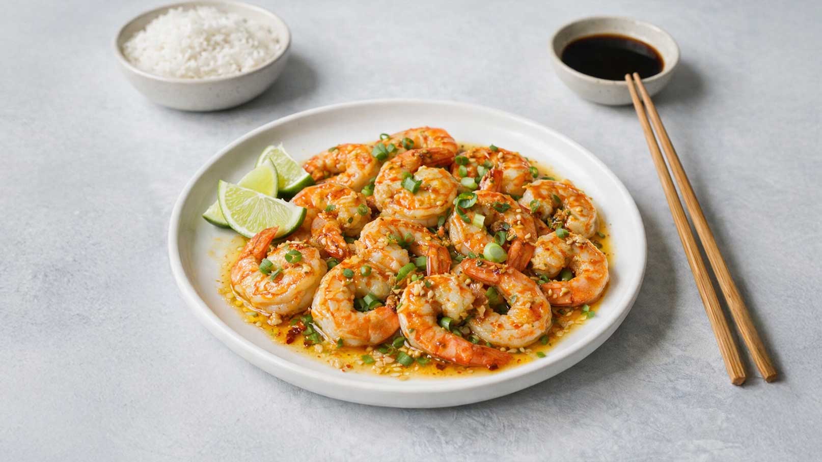 Ein Teller mit gebratenen Garnelen, garniert mit Frühlingszwiebeln und Limettenscheiben. Daneben befinden sich Schalen mit Reis und Sojasauce sowie Essstäbchen. Die Garnelen sind glänzend und appetitlich angerichtet.