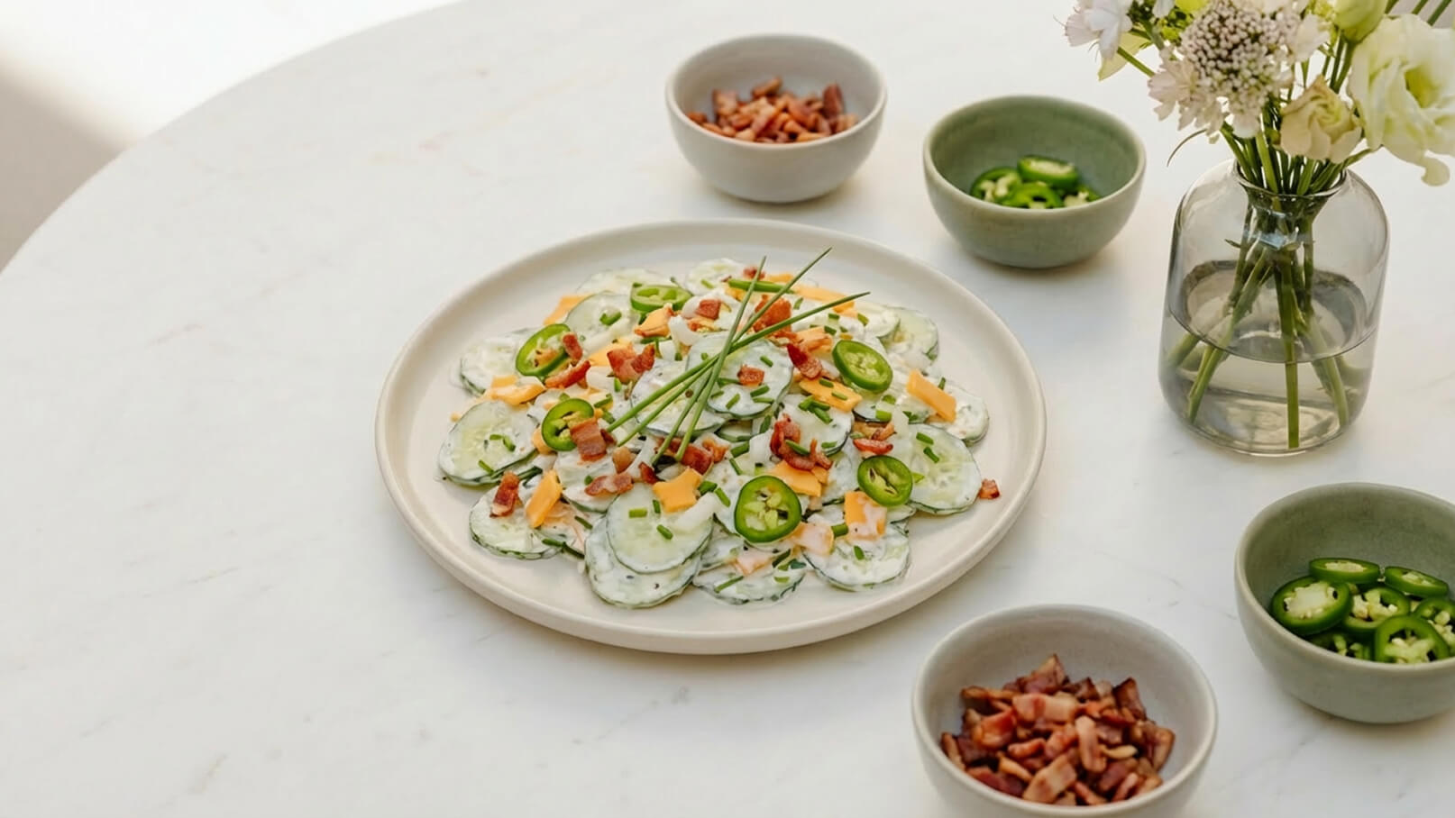 Ein Teller mit frischem Gurkensalat, garniert mit Jalapeños, knusprigem Speck und Käsewürfeln. Obenauf liegt frischer Schnittlauch. Um den Teller sind kleine Schalen mit weiteren Jalapeños und Speckstücken positioniert. Der Hintergrund ist hell und neutral.