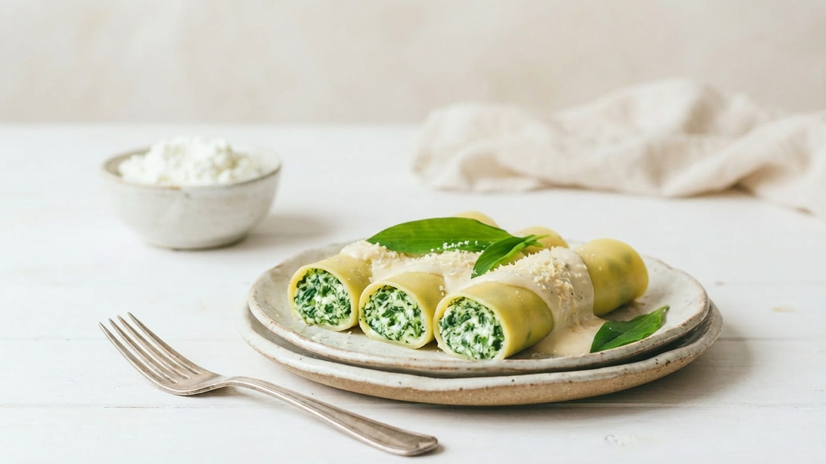 Eine Teller mit gerollten Teigwaren, gefüllt mit einer Mischung aus Quark und frischen Kräutern. Die Rollen sind dekoriert mit frischen Blättern und einem Streusel aus Käse. Im Hintergrund steht eine kleine Schüssel mit Quark. Ein Besteckstück liegt daneben.