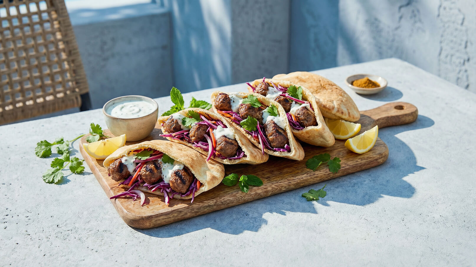 Ein Holzbrett mit mehreren gefüllten Fladenbroten, die Fleischbällchen, roten und weißen Kohl sowie Joghurtsoße enthalten. Neben den Fladenbroten liegen frische Zitronenscheiben und Kräuter. Eine kleine Schüssel mit Joghurtsoße befindet sich ebenfalls auf dem Brett.