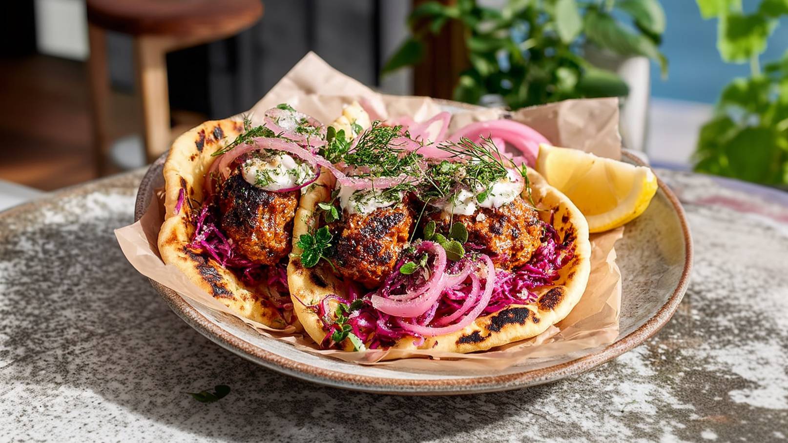 Drei gegrillte Fleischbällchen auf warmem Fladenbrot, umgeben von rotem Kraut, Zwiebelringen und frischen Kräutern. Ein Klecks Sauce und eine Zitronenscheibe sind ebenfalls enthalten. Serviert auf einem rustikalen Teller.