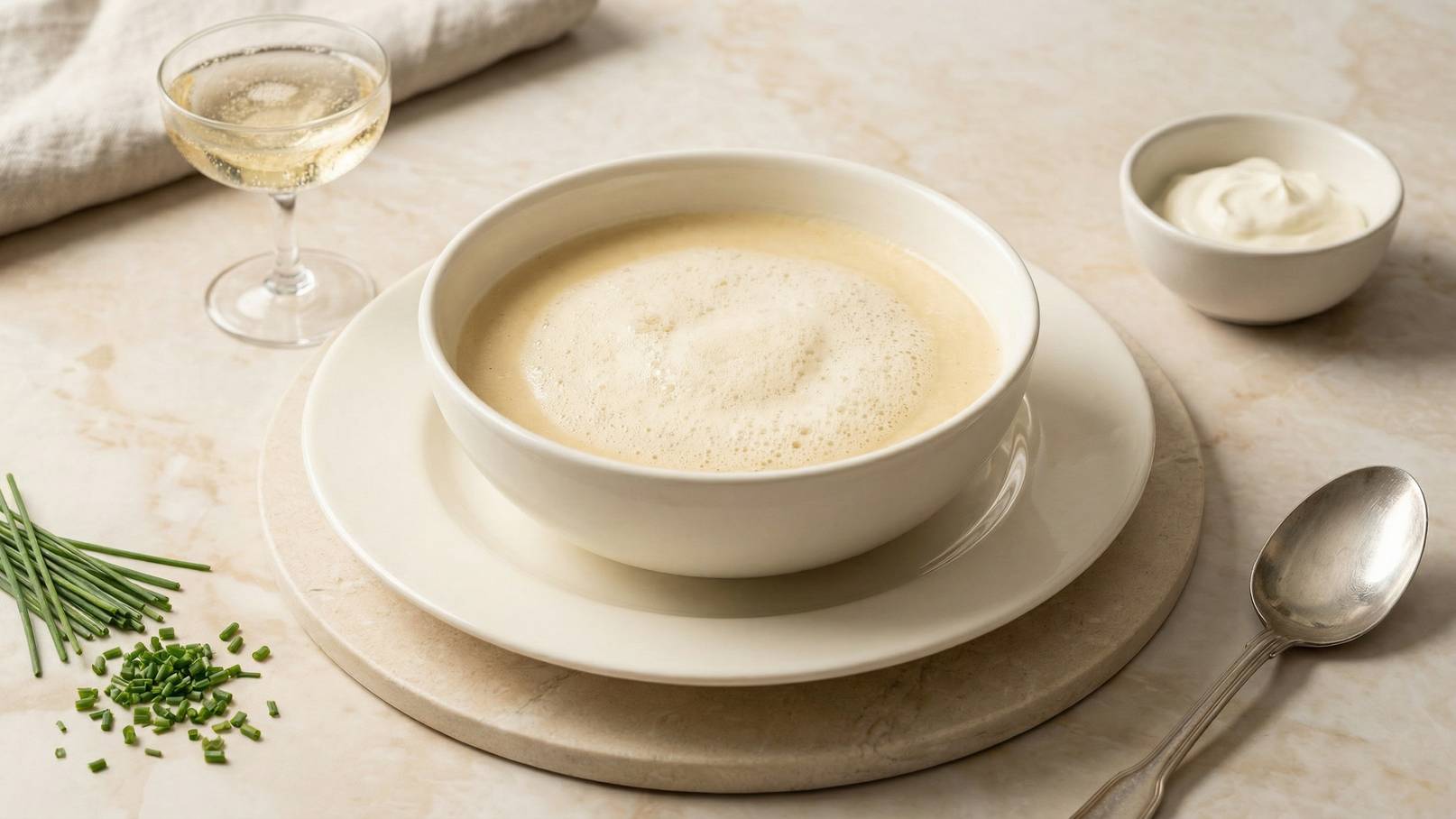 Eine große Schüssel mit schaumiger Suppe steht auf einem Teller. Daneben befindet sich eine kleine Schüssel mit saurer Sahne und ein Glas Sekt. Frische Schnittlauchstückchen liegen auf dem Tisch. Der Hintergrund ist neutral gehalten.