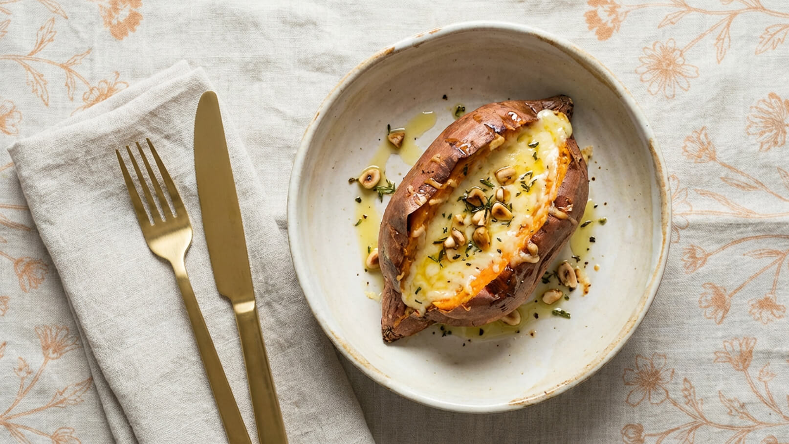 Ein Teller mit einer gebackenen Süßkartoffel, gefüllt mit Käse und gehobelten Nüssen. Um den Teller herum sind Kräuter und etwas Öl zu sehen. Neben dem Teller liegen eine Gabel und ein Messer auf einem hellen Serviertuch.