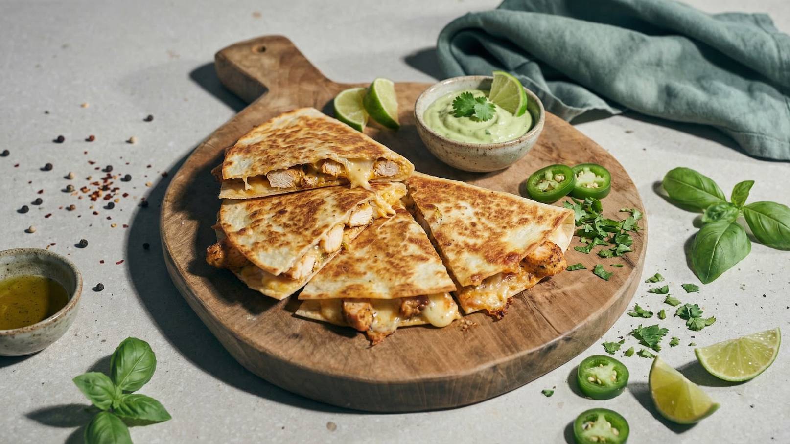 Ein Holzbrett mit einem aufgeschnittenen Quesadilla-Stück, gefüllt mit Käse und Hühnchen. Neben dem Quesadilla liegen Limettenscheiben, frische Kräuter und eine Schüssel mit Guacamole. Grüne Paprikastücke sind ebenfalls um das Gericht verteilt.