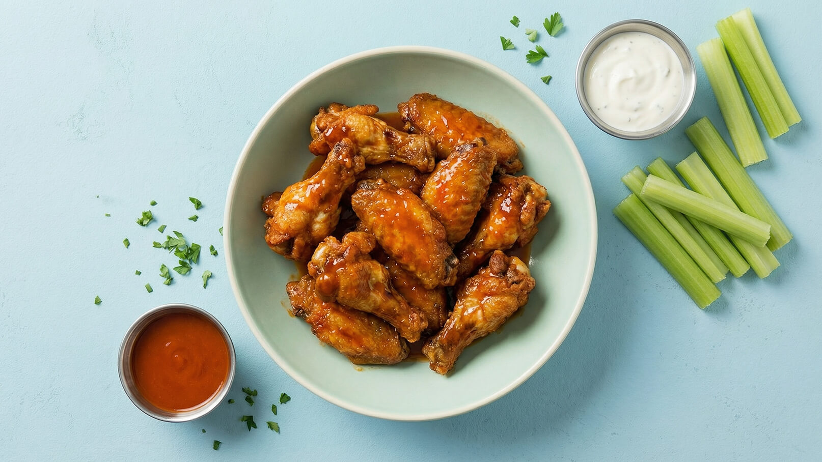 Eine Schüssel mit knusprigen Hähnchenflügeln in einer würzigen Sauce, umgeben von frischen Selleriestangen. Zwei kleine Schalen daneben enthalten eine scharfe Sauce und ein Dip, vermutlich Ranch-Dressing. Der Hintergrund ist hellblau.