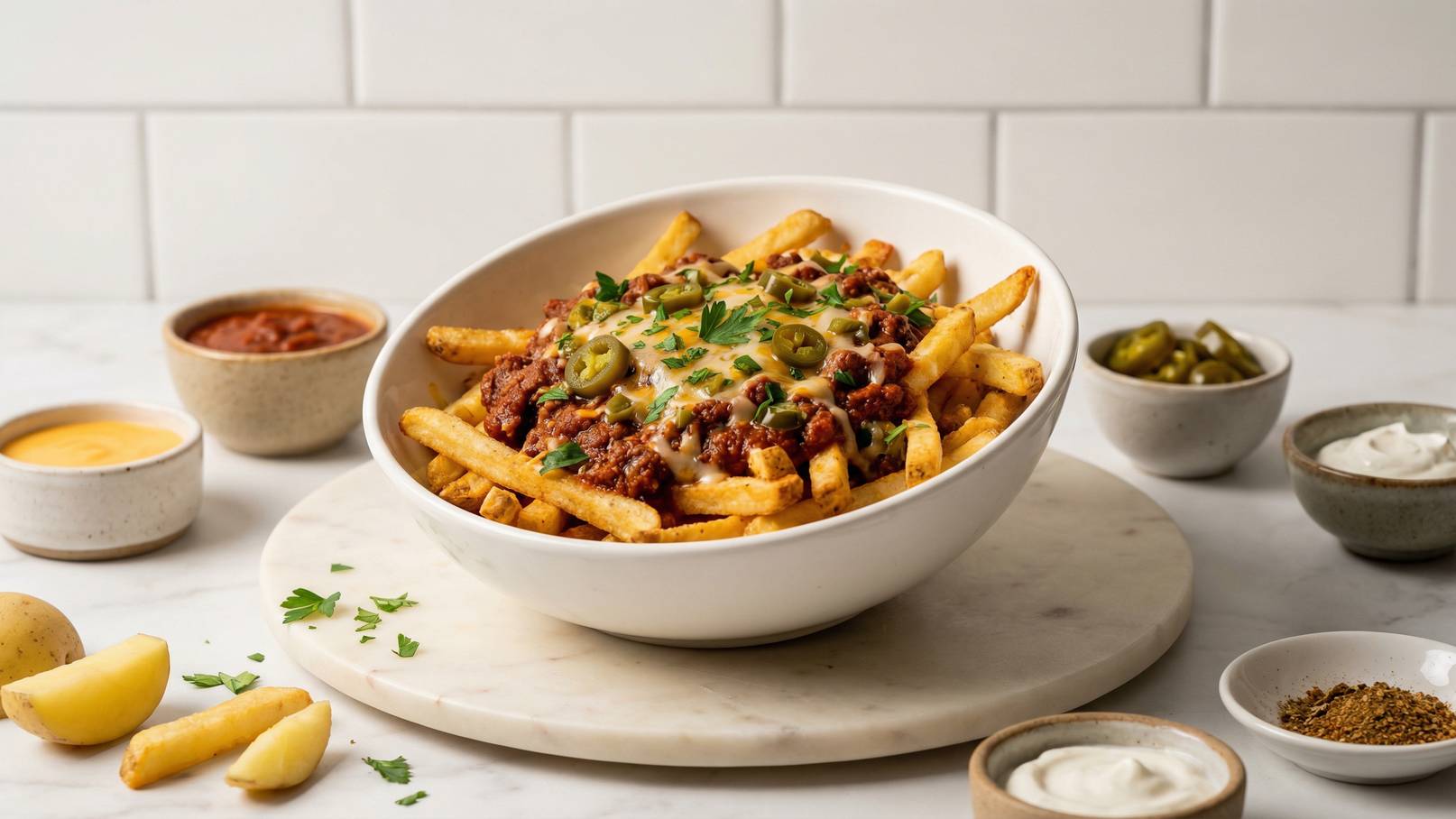 Eine große Schüssel mit Pommes Frites, überzogen mit einer würzigen Chili-Soße und Käse. Gekrönt mit grünen Jalapeños und frischen Kräutern. Neben der Schüssel befinden sich verschiedene Dips in kleinen Schalen: Salsa, Käse, Joghurt und eingelegte Gurken.